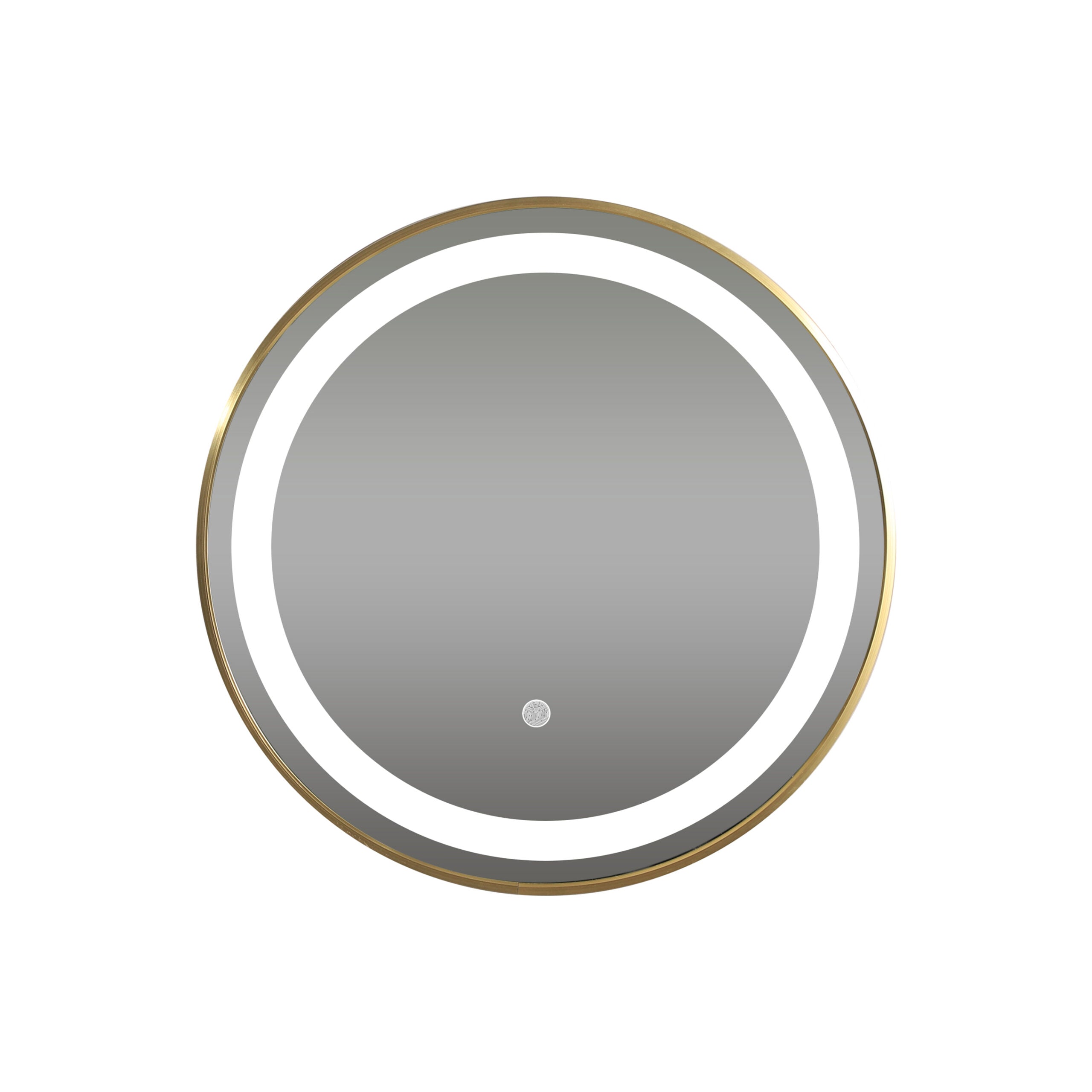 ronde gevormde badkamerspiegel met geïntegreerde LED-verlichting en gouden rand.