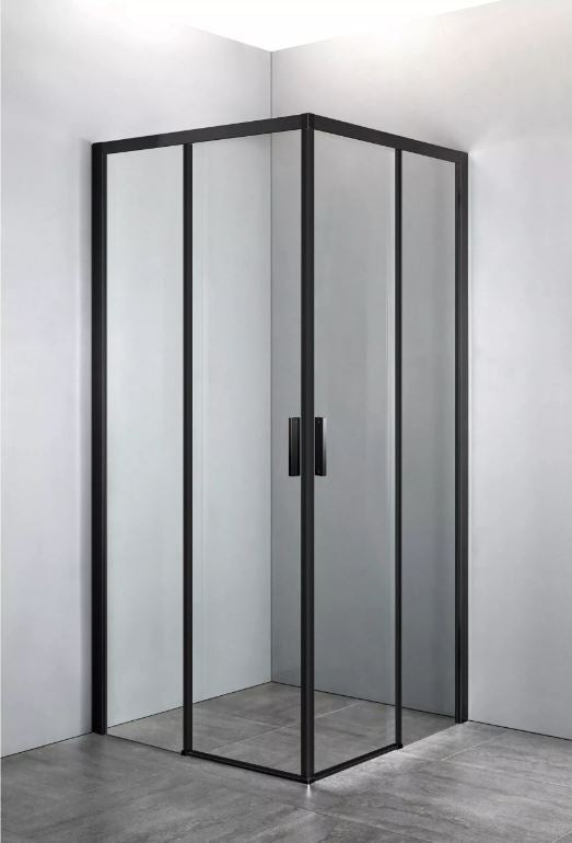Moderne douchecabine met zwarte profielen en transparant glas, geplaatst in een hoek op een grijze tegelvloer.