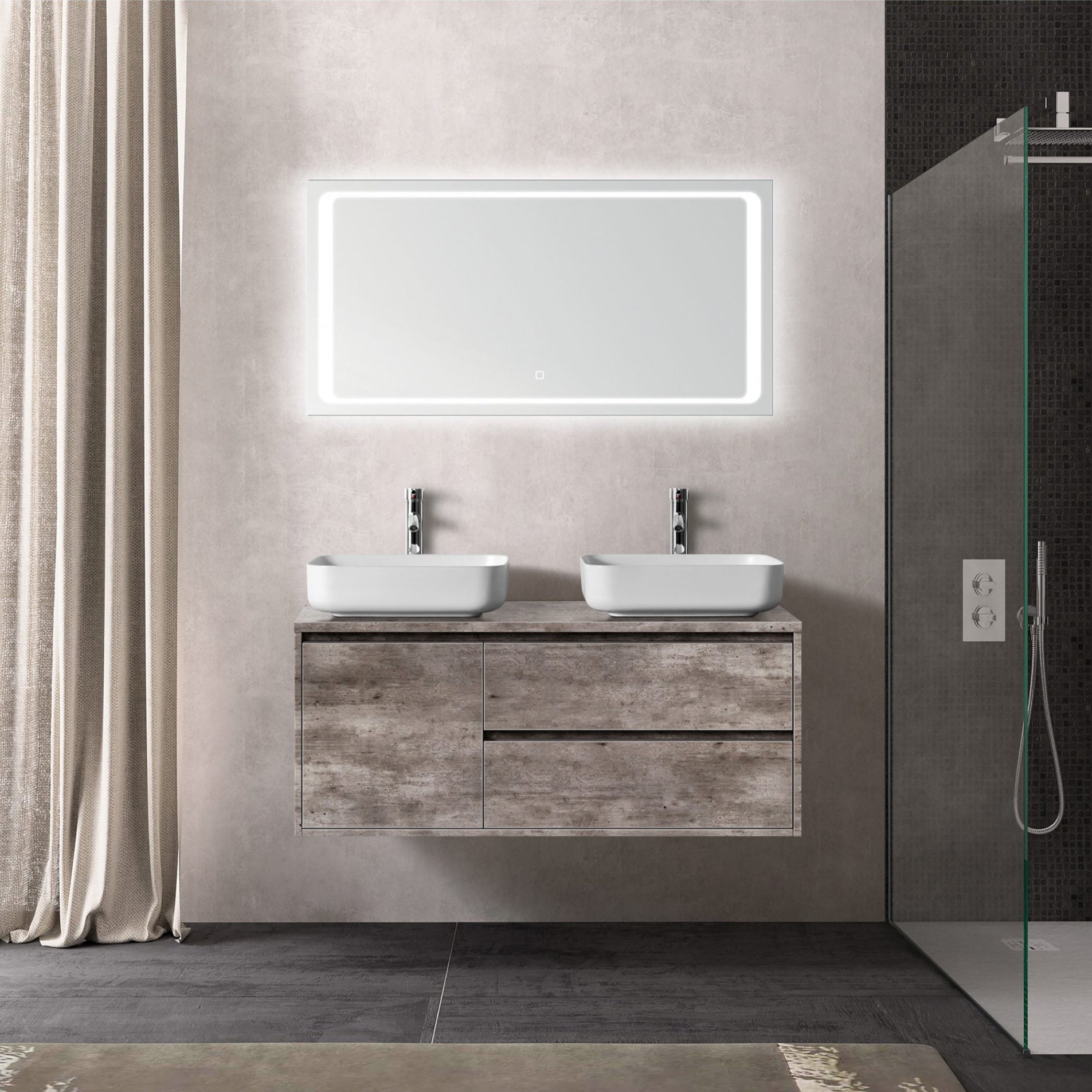 Moderne badkamer met wastafelmeubel, verlichte rechthoekige spiegel en grijze wandtegels.