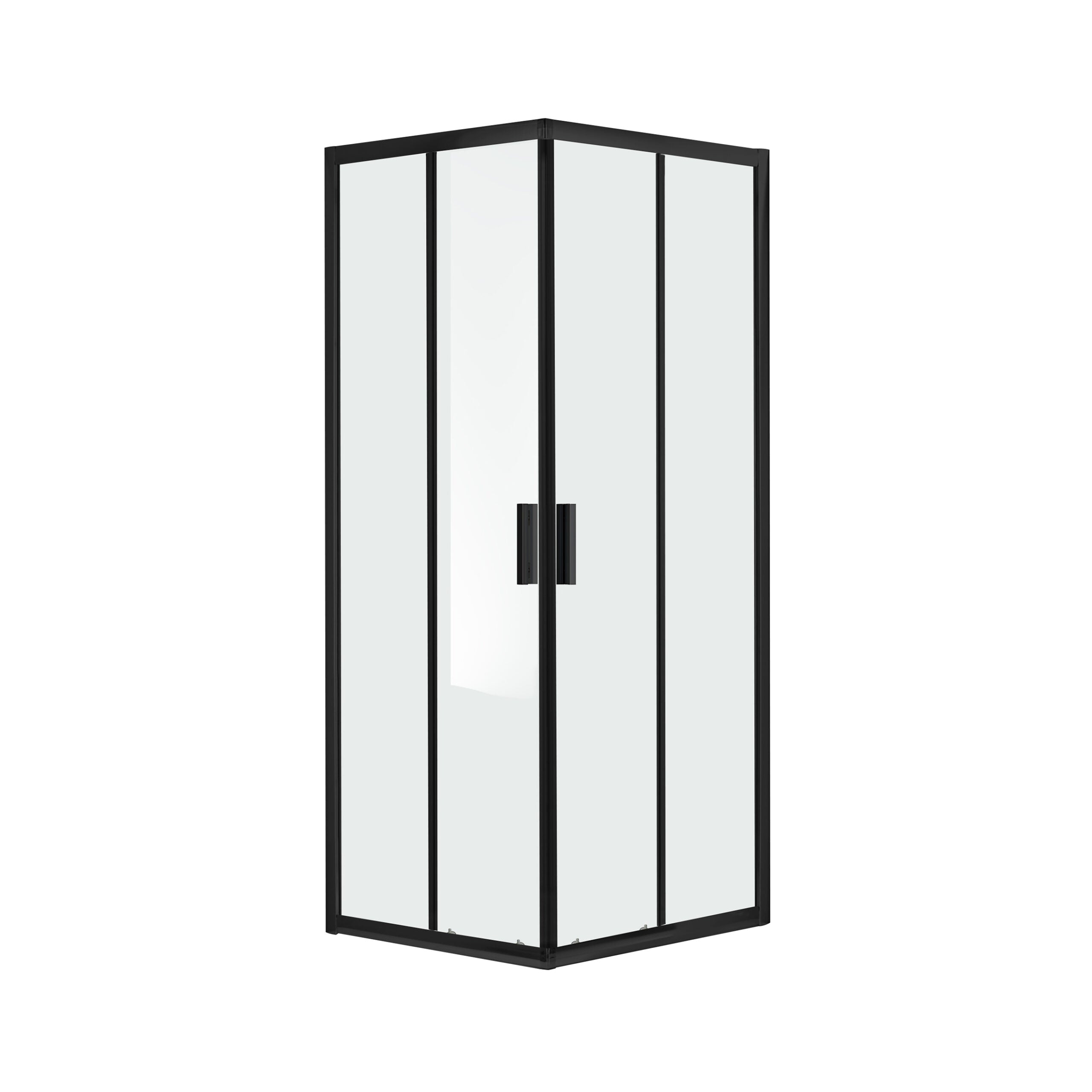 Vierkante douchecabine met zwart aluminium frame en dubbele glazen deuren voor een moderne uitstraling.