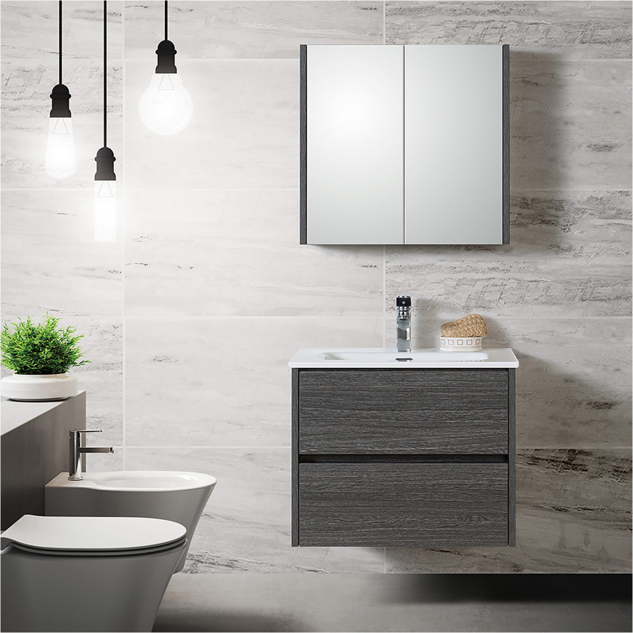 Compact badkamermeubel in donker grijs houtlook met witte wastafel en spiegelkast, gecombineerd met hangtoilet en moderne verlichting in een lichte marmeren badkamer.