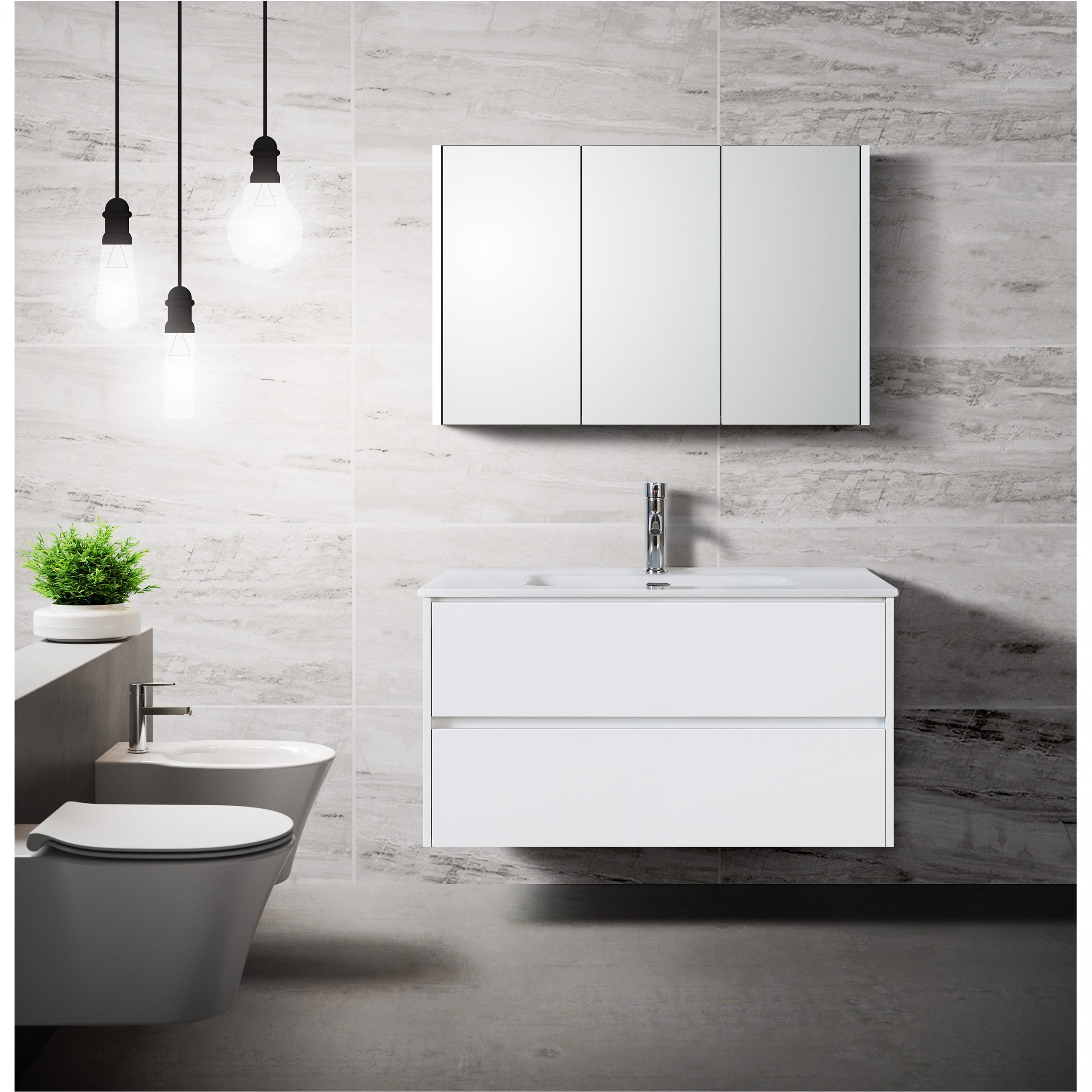 Stijlvolle badkamer met wit zwevend meubel, witte wastafel en spiegelkast tegen een lichte marmeren wand, met hangtoilet en moderne verlichting.