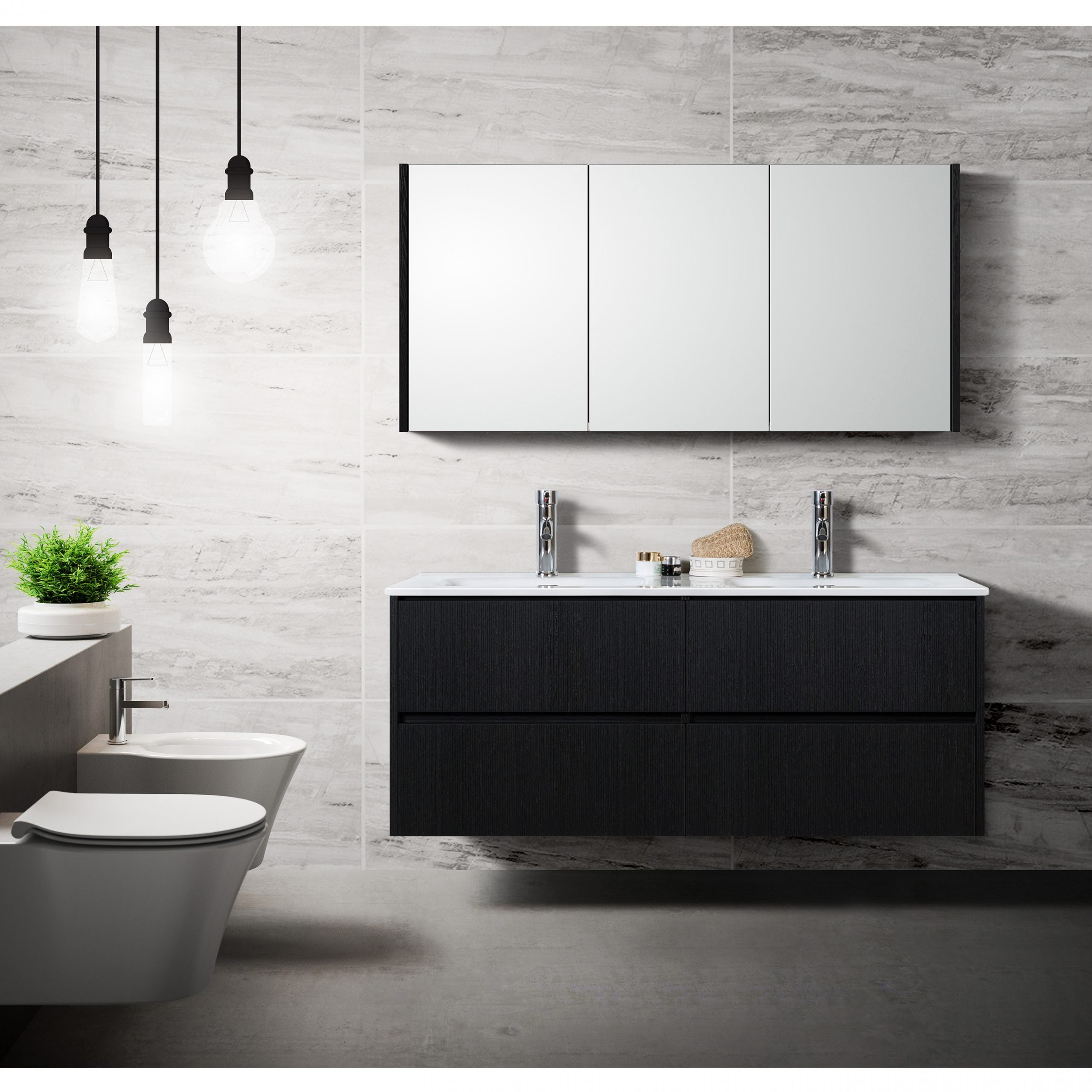 Moderne badkamer met zwart zwevend badkamermeubel, dubbele wastafel, spiegelkast en hangtoilet tegen een lichte marmeren wand met minimalistische verlichting.