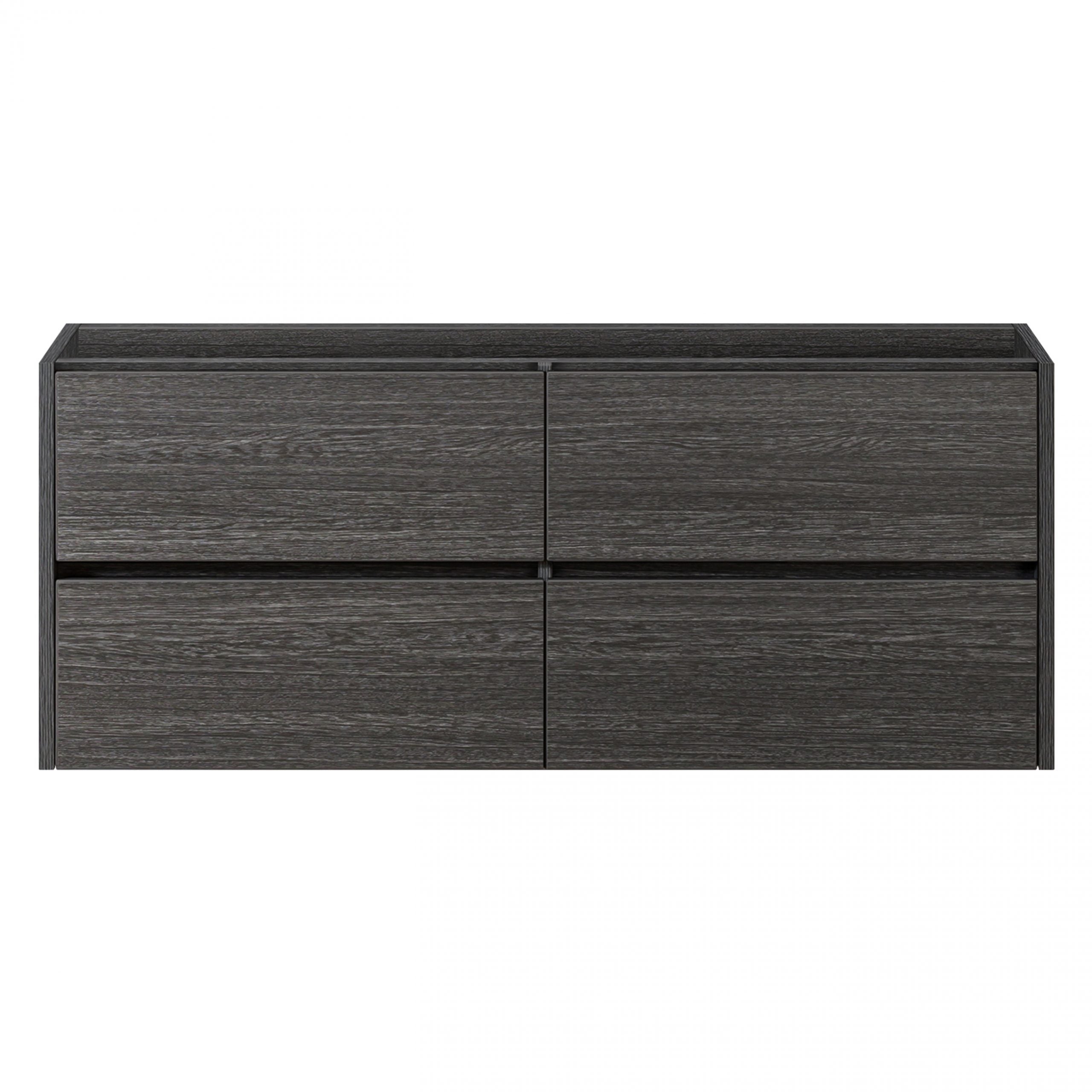 zwart houtlook badkamermeubel met vier greeploze lades, geschikt voor dubbele wastafel.