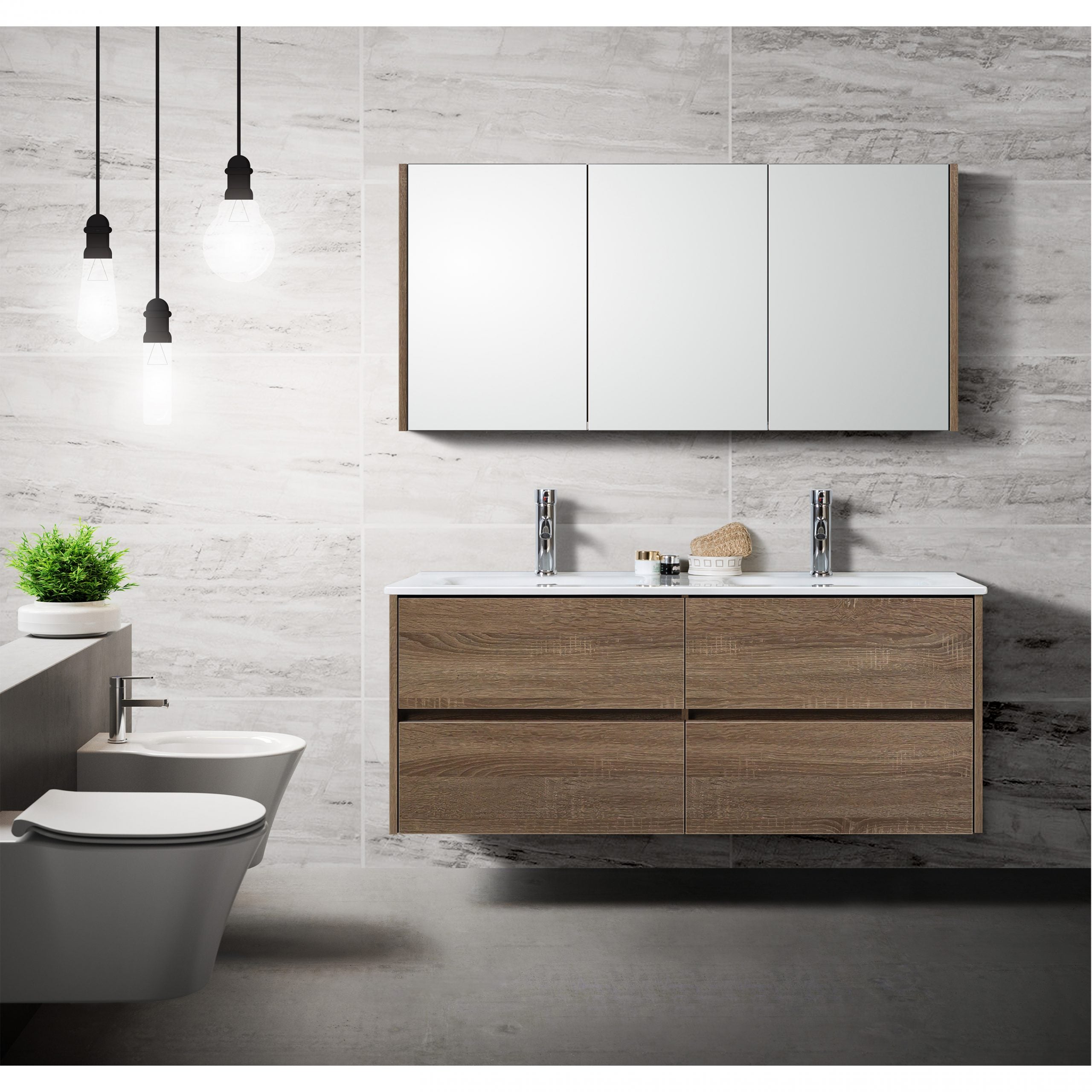 Moderne badkamer met bruin houtlook badkamermeubel, dubbele wastafel, spiegelkast en hangtoilet tegen een lichte marmeren wand met minimalistische verlichting.