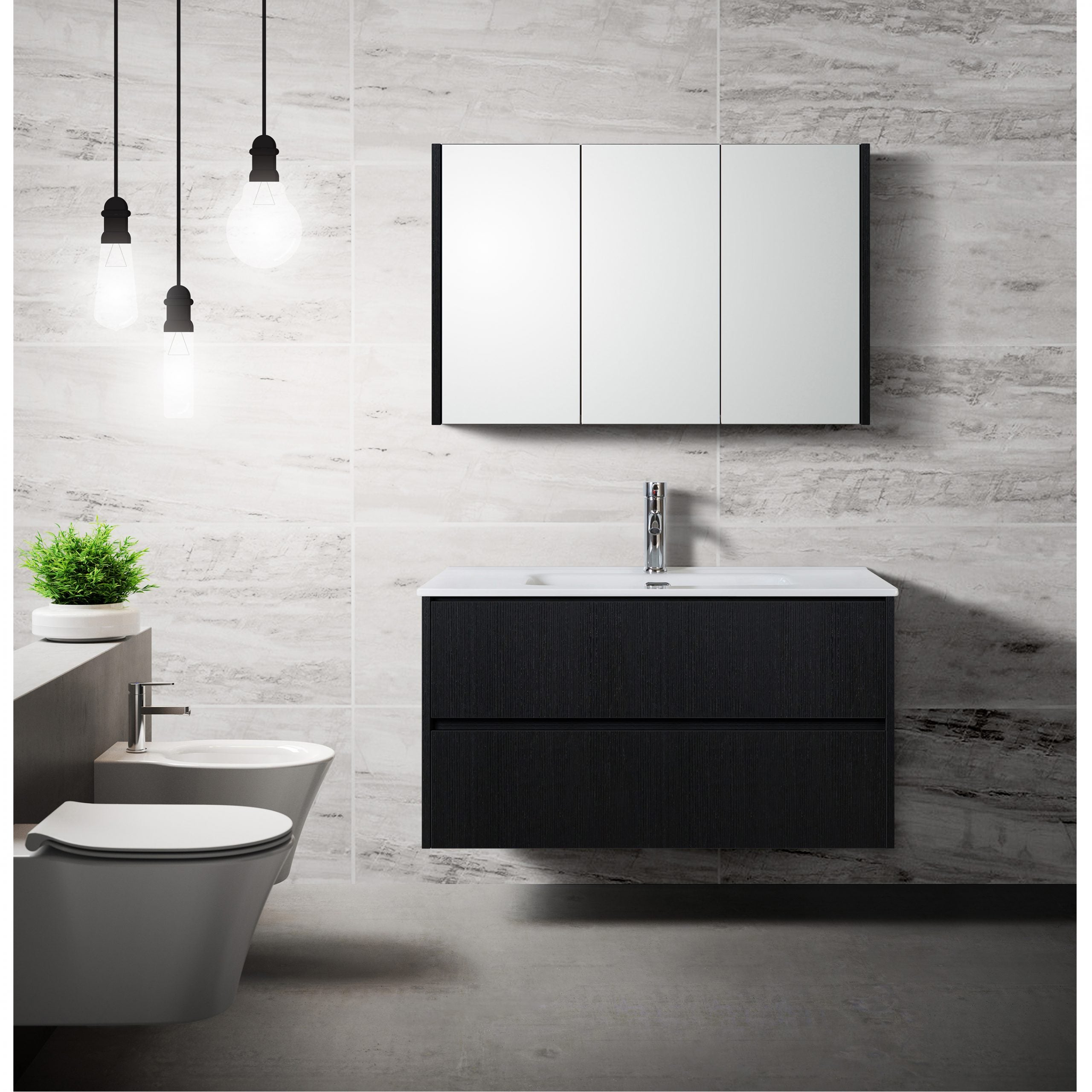 Stijlvolle badkamer met zwart zwevend meubel, witte wastafel en spiegelkast tegen een lichte marmeren wand, met hangtoilet en moderne verlichting.