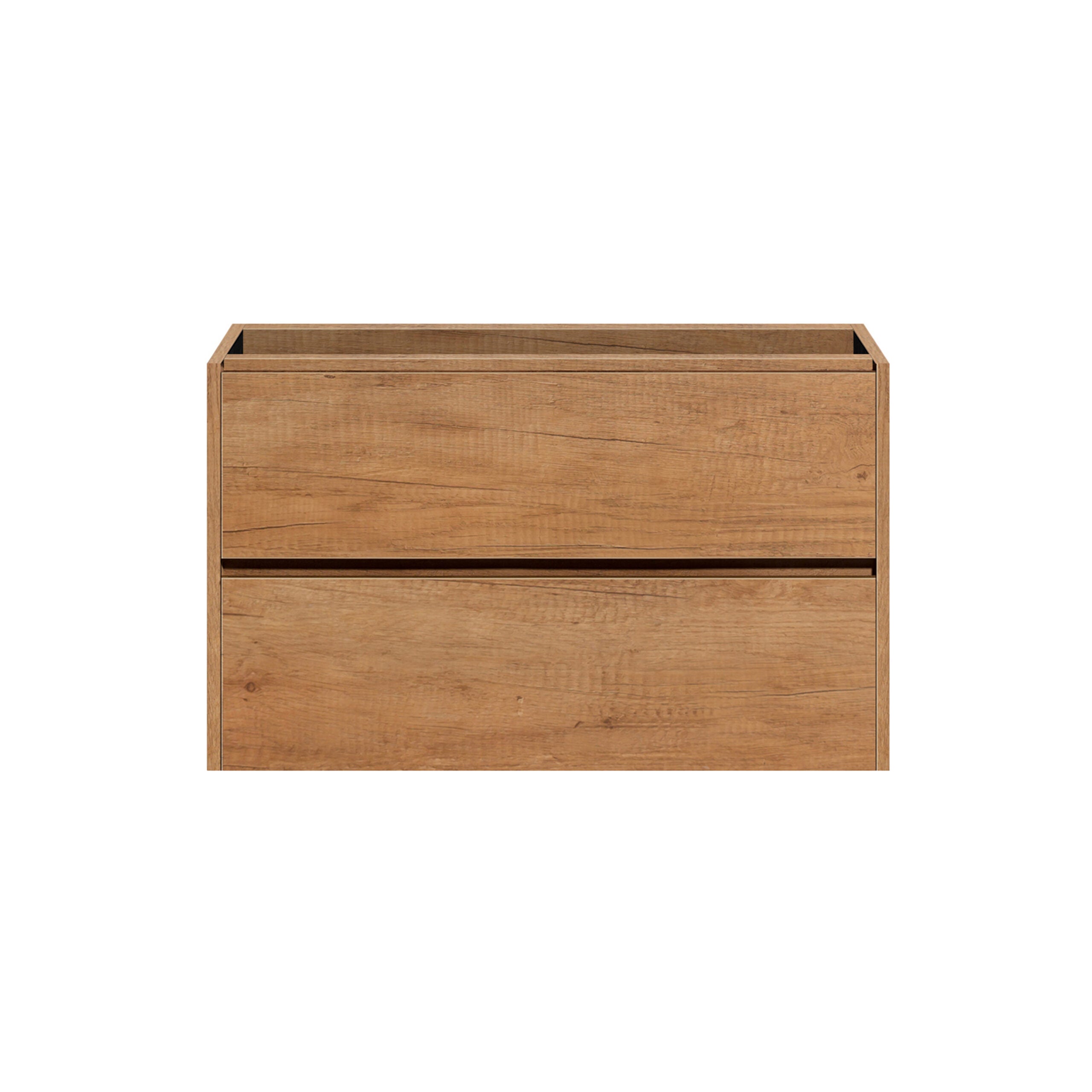 warm houtlook badkamermeubel met twee greeploze lades, geschikt voor dubbele wastafel.