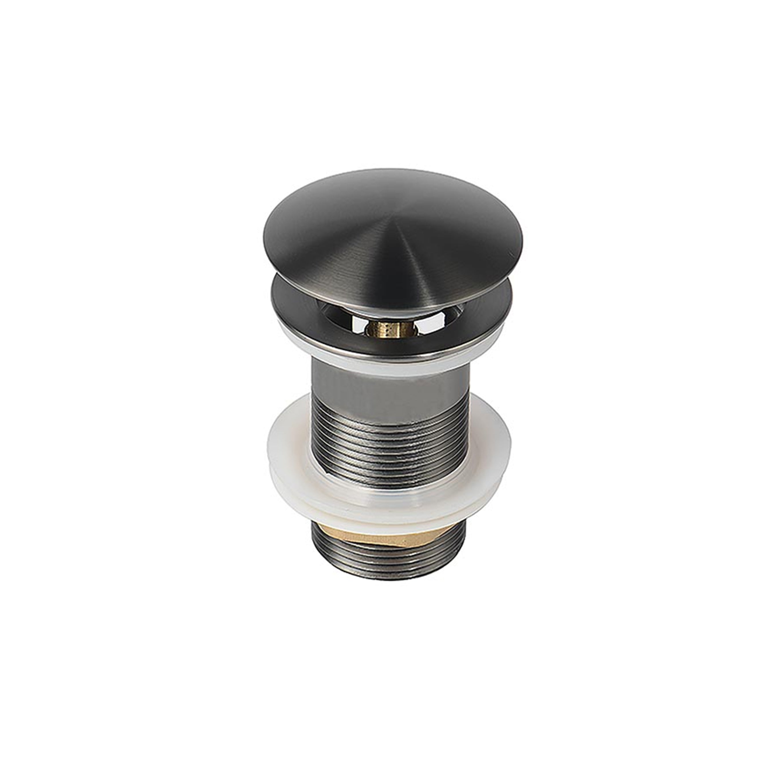 Metalen clickwaste afvoerplug met schroefdraad en afdichtring, geschikt voor wastafels en fonteinen.