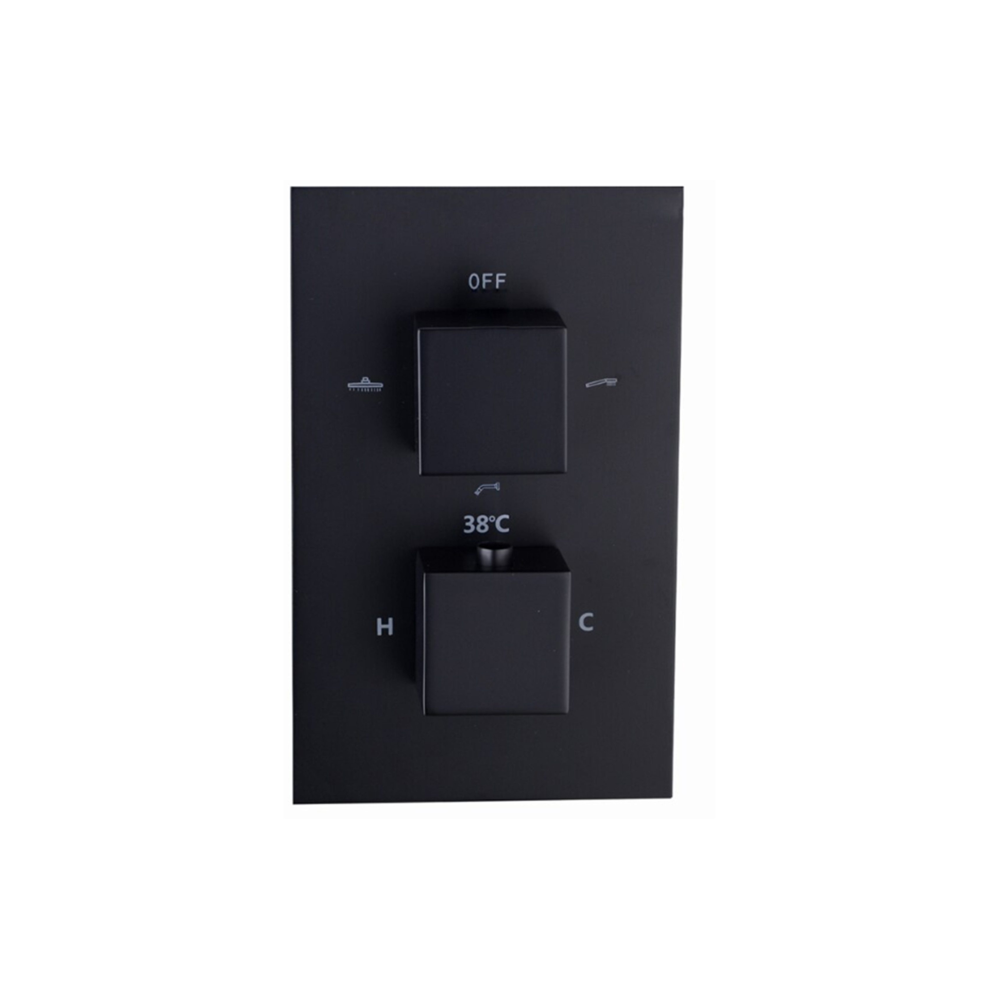 Zwarte inbouw thermostaatkraan met twee vierkante knoppen voor temperatuur- en waterregeling, moderne matte afwerking.