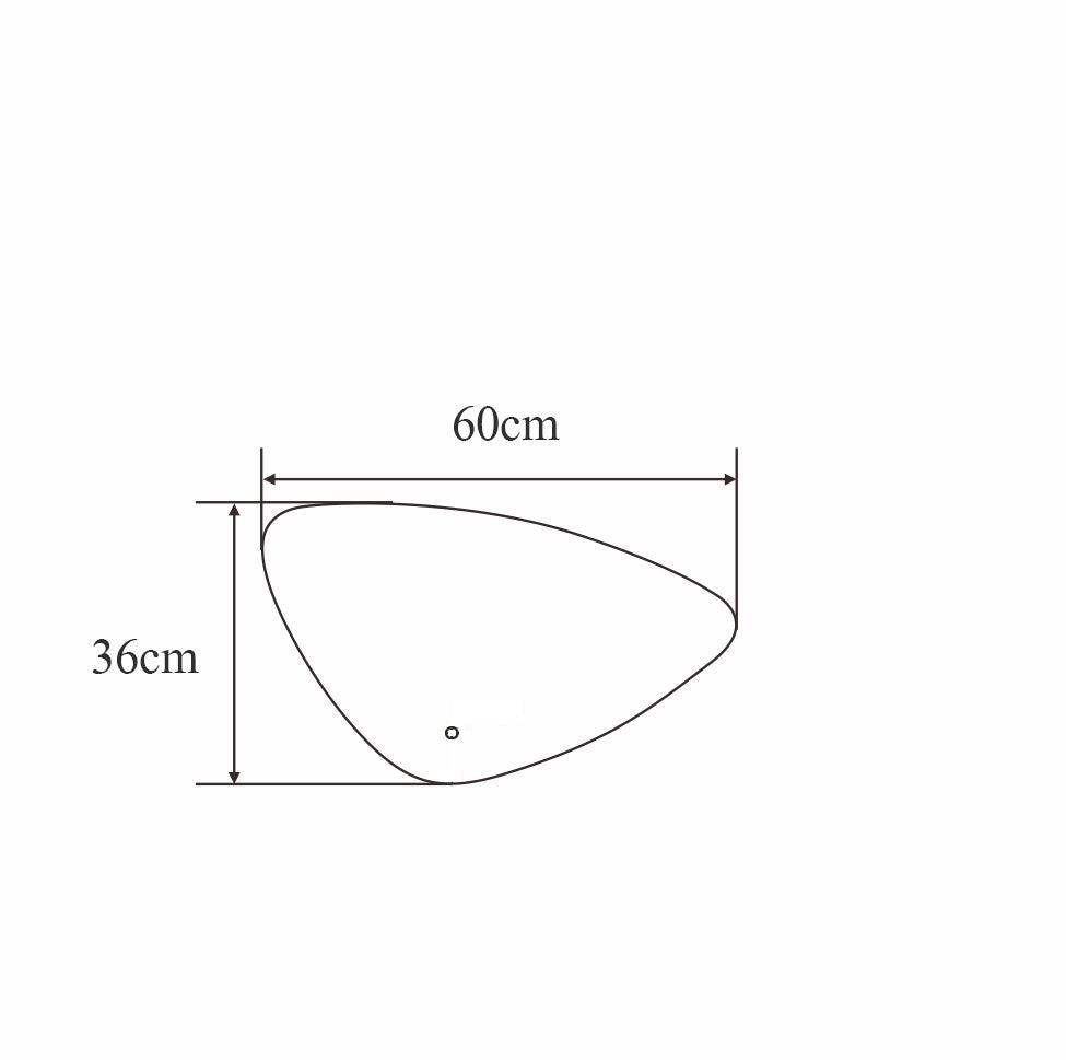 Technische tekening van een organische spiegel met afmetingen 60 cm breed en 36 cm hoog.