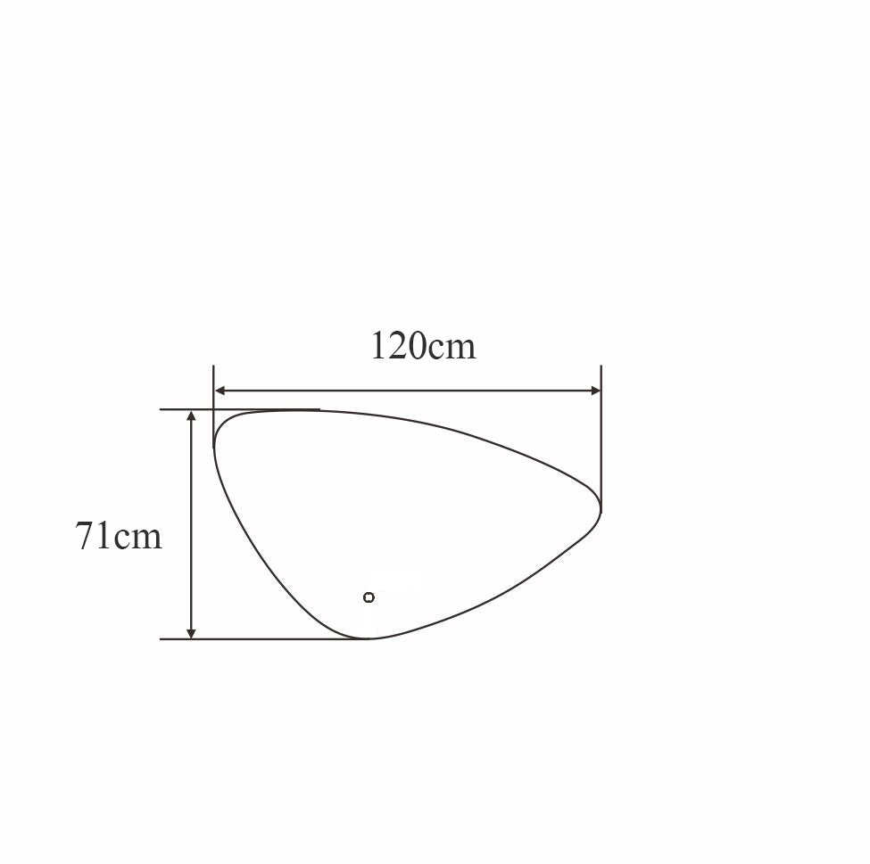 Technische tekening van een organische spiegel met afmetingen 120 cm breed en 71 cm hoog.