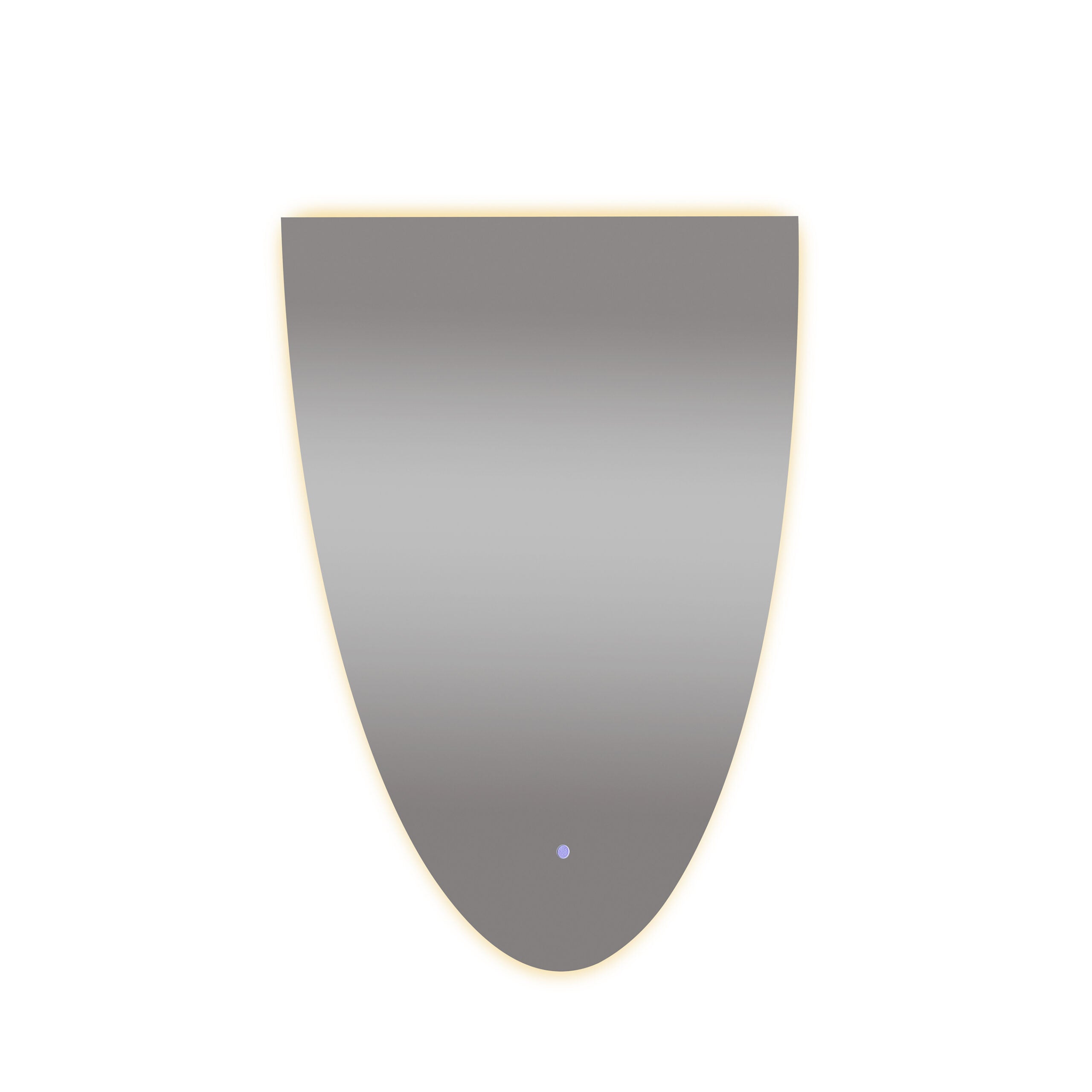 Organisch gevormde badkamerspiegel met geïntegreerde LED-verlichting en aanraakschakelaar aan de onderzijde.