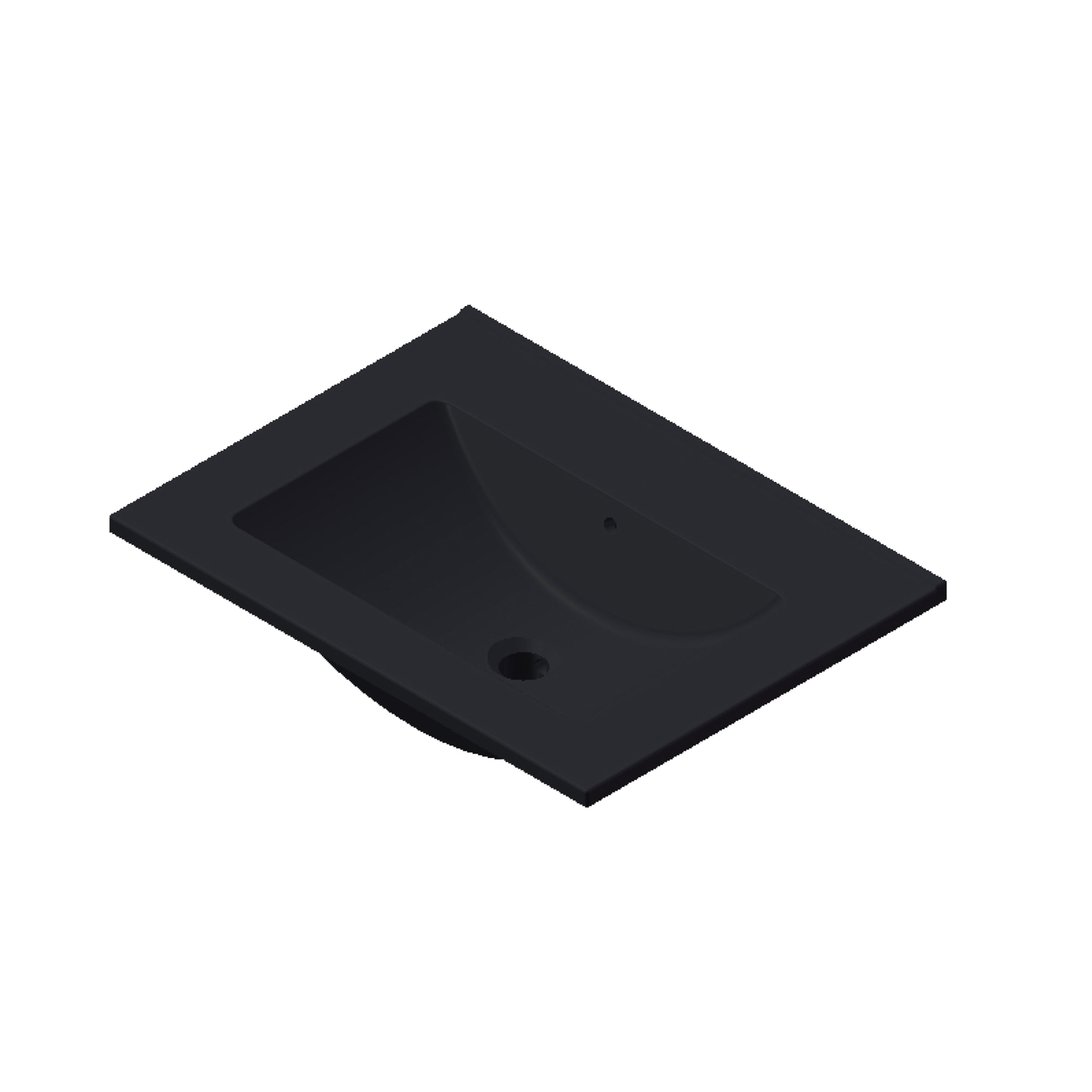 Zwarte rechthoekige wastafel met geïntegreerde waskom en kraangat, geschikt voor moderne badkamers.