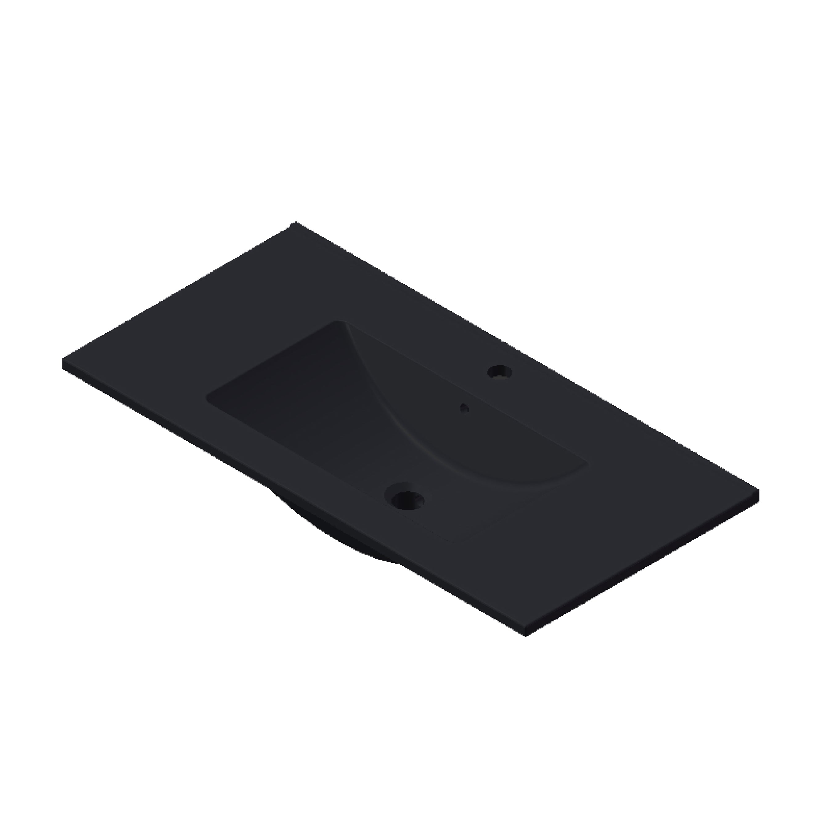 Zwarte langwerpige wastafel met dubbele kraangaten en geïntegreerde waskom, uitgevoerd in een strak modern design.