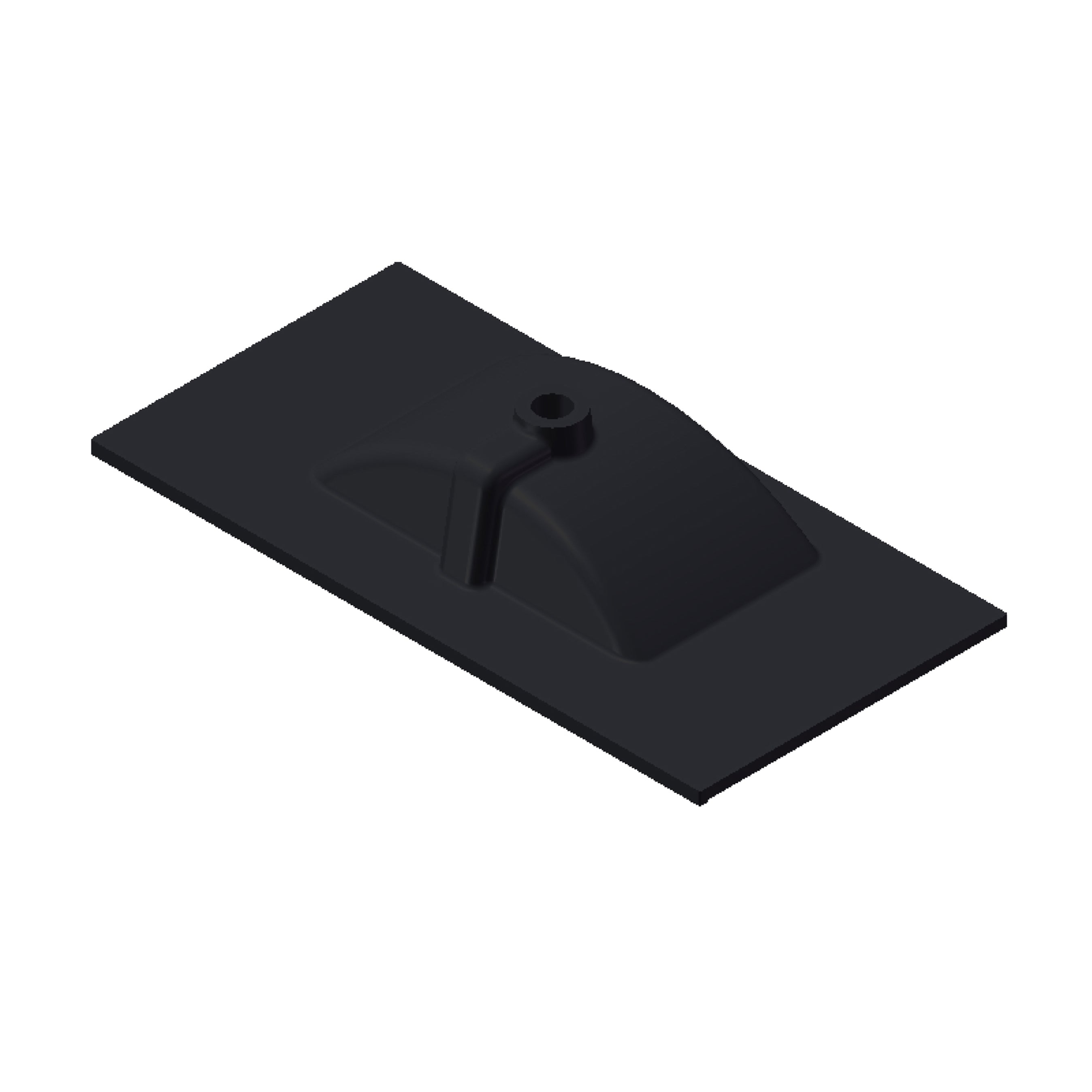 Zwarte kunststoffen montagesteun met een halfronde houders voor bevestiging van bad- of doucheonderdelen.