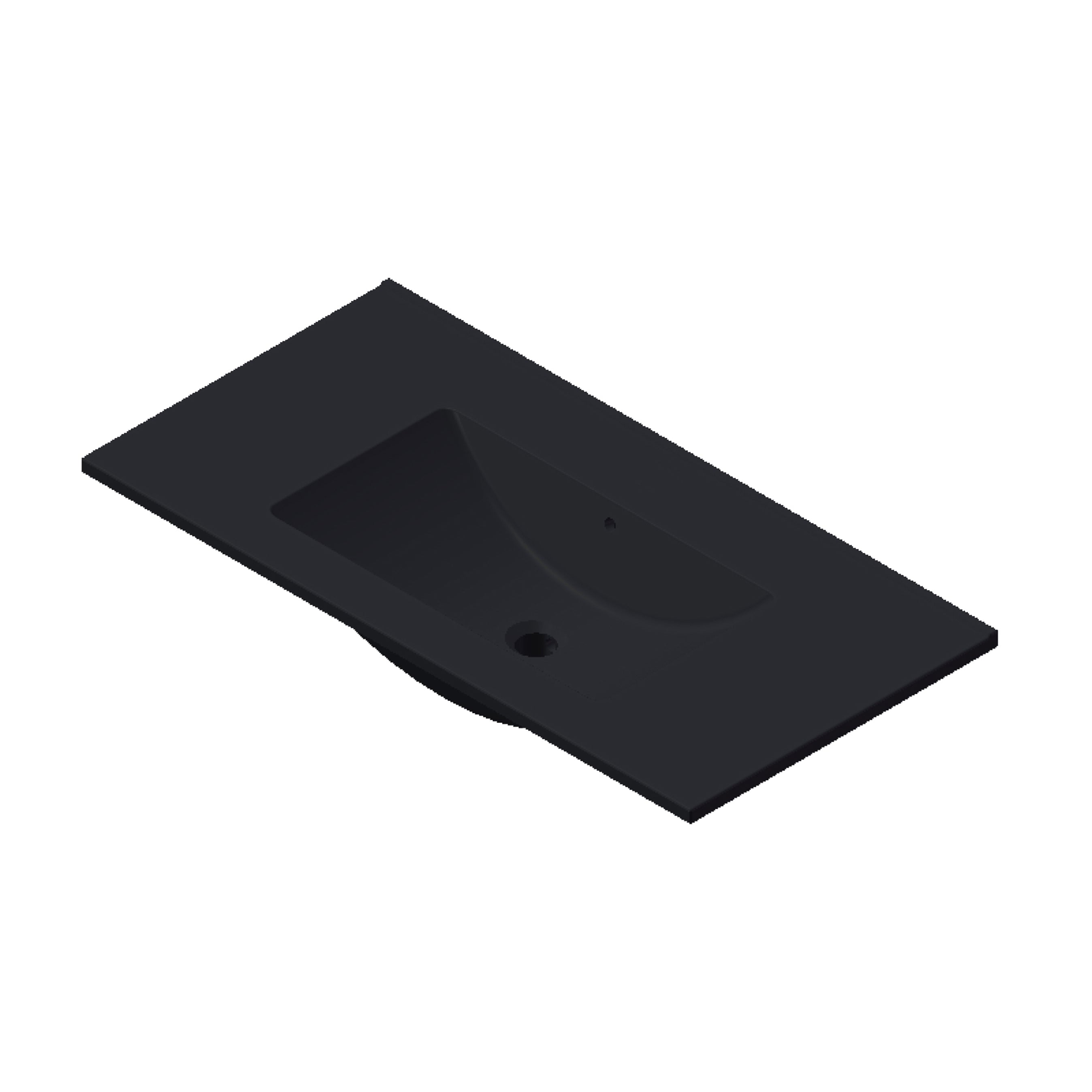 Zwarte rechthoekige wastafel met geïntegreerde waskom en kraangat, geschikt voor moderne badkamers.