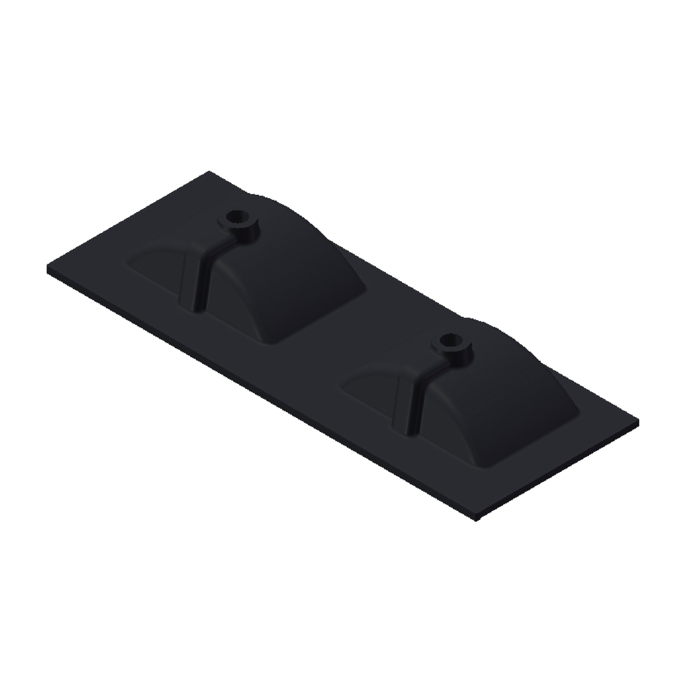 Zwarte kunststof montagesteun met twee uitsparingen voor bevestiging van een bad of doucheconstructie.