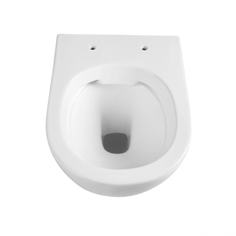 Witte keramische wandcloset toiletpot met afgeronde vorm en bevestigingsgaten voor toiletzitting.