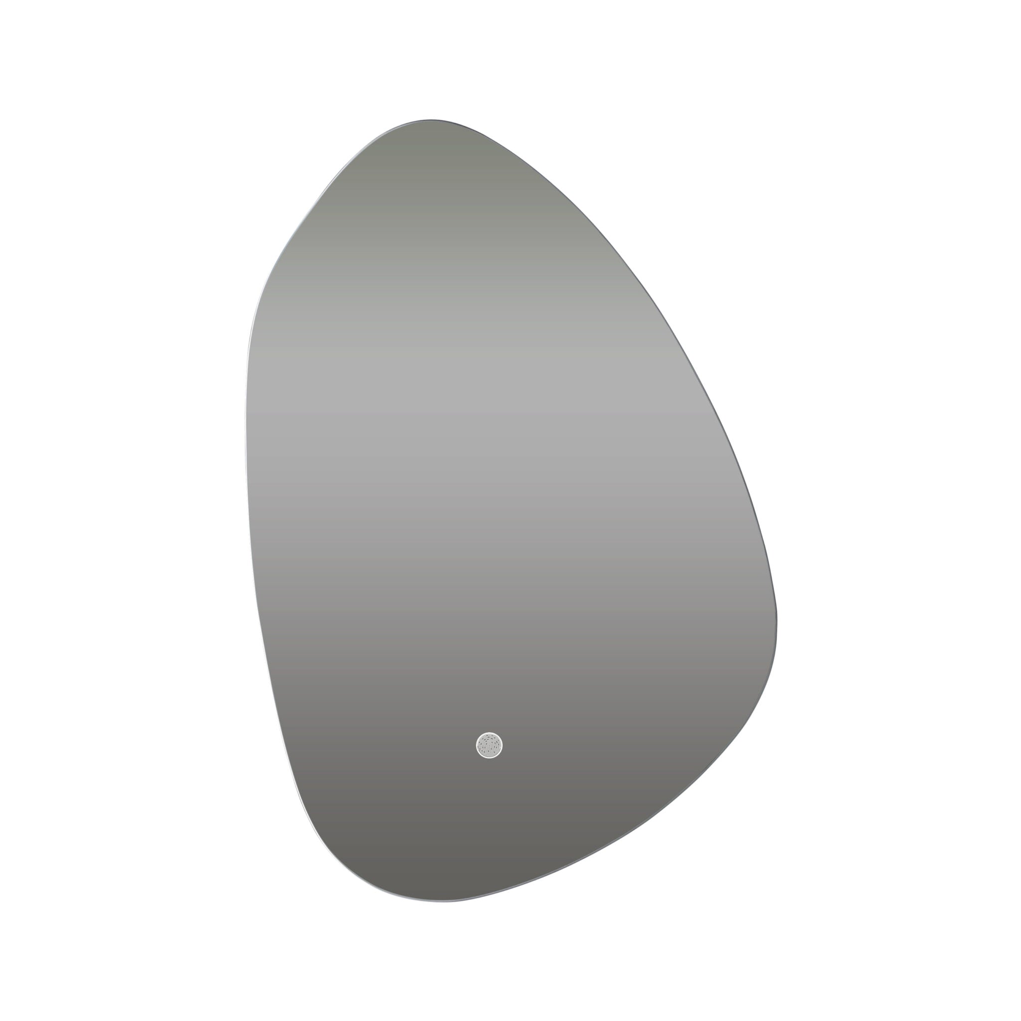 Organisch gevormde badkamerspiegel met asymmetrisch design en geïntegreerde aanraakknop voor verlichting.
