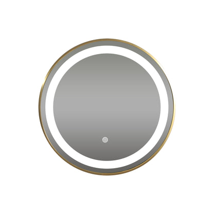 ronde gevormde badkamerspiegel met geïntegreerde LED-verlichting en gouden rand.