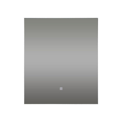 Rechthoekige badkamerspiegel met geïntegreerde aanraakknop voor verlichting aan de onderzijde.