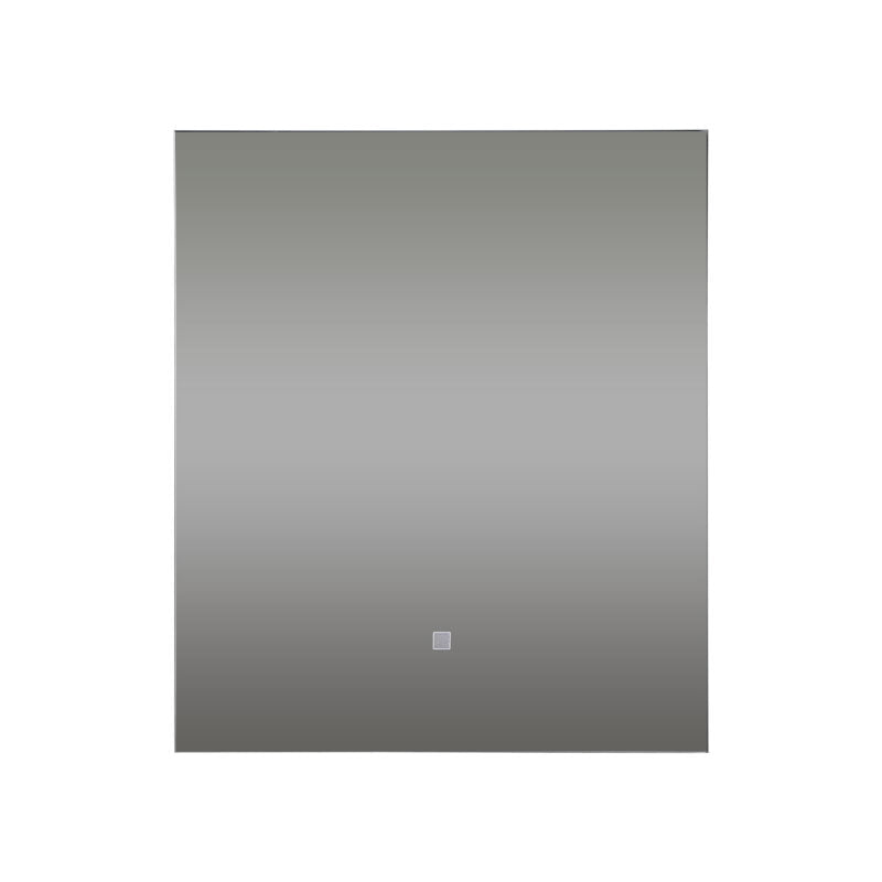 Rechthoekige badkamerspiegel met geïntegreerde aanraakknop voor verlichting aan de onderzijde.