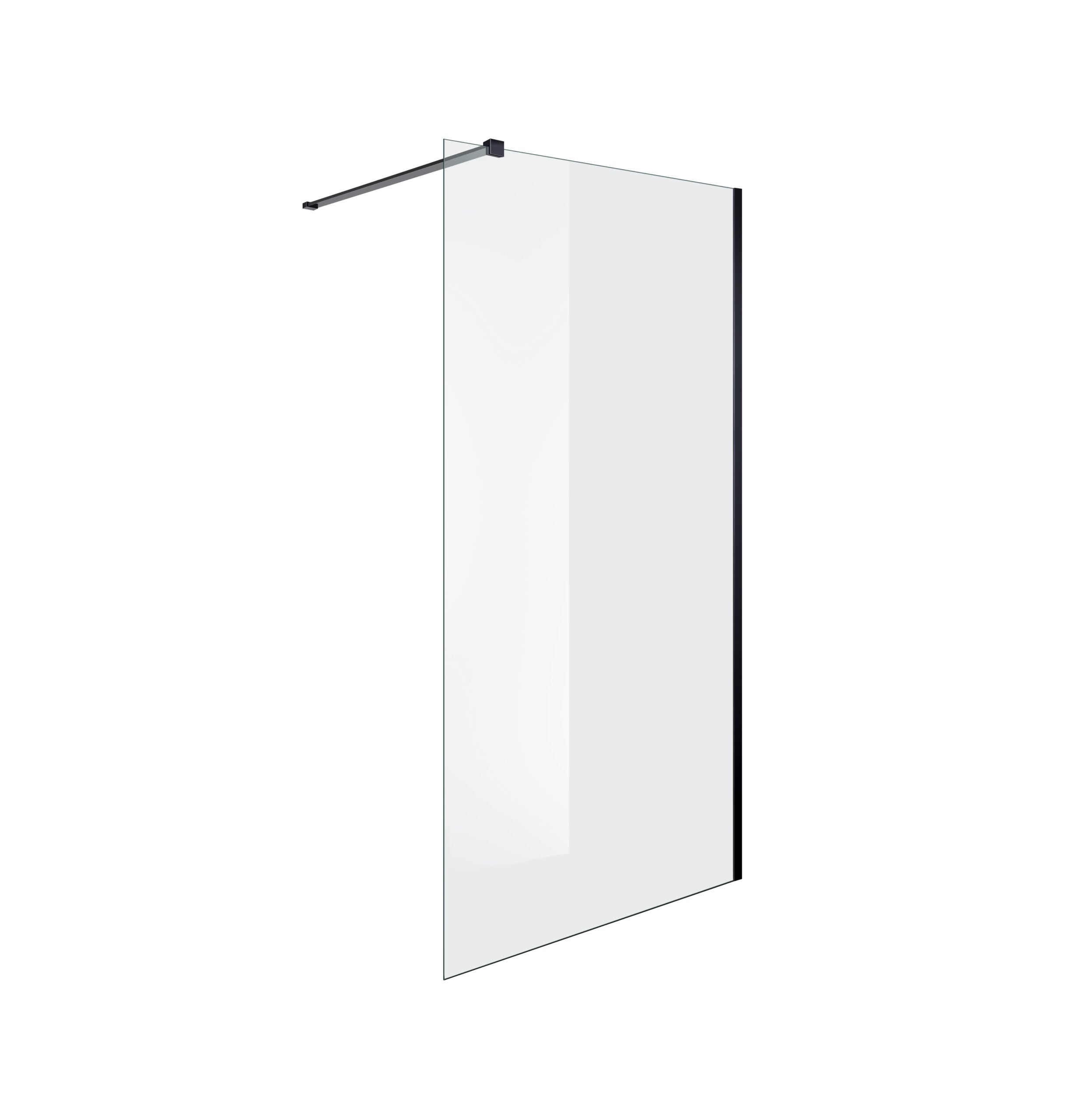 Minimalistische inloopdouche met helder glas en zwarte muursteun, ideaal voor een moderne badkamerstijl.