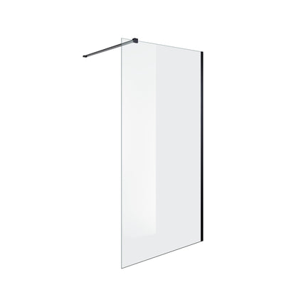Minimalistische inloopdouche met helder glas en zwarte muursteun, ideaal voor een moderne badkamerstijl.
