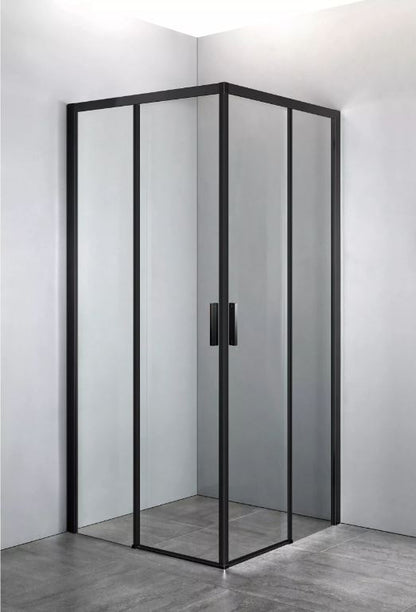 Moderne douchecabine met zwarte profielen en transparant glas, geplaatst in een hoek op een grijze tegelvloer.