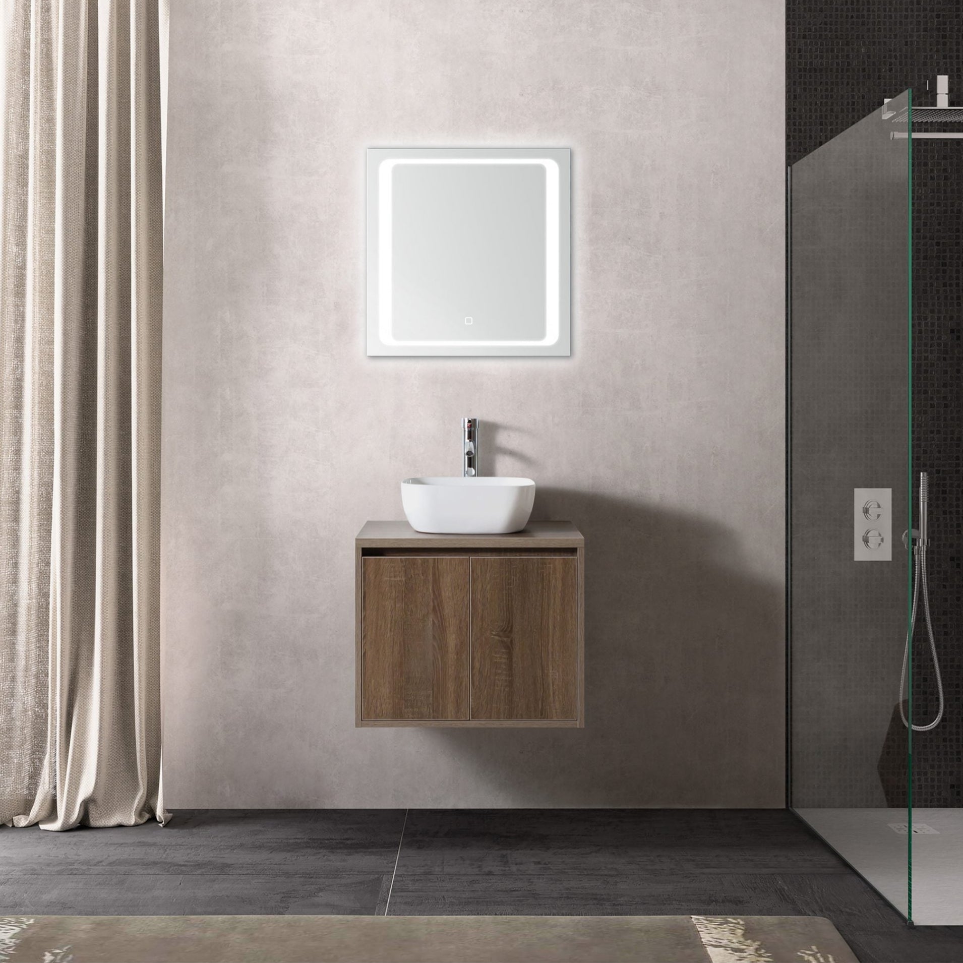 Moderne badkamer met vierkante spiegel met ledverlichting, houtlook zwevend meubel en witte waskom naast een glazen douchewand.