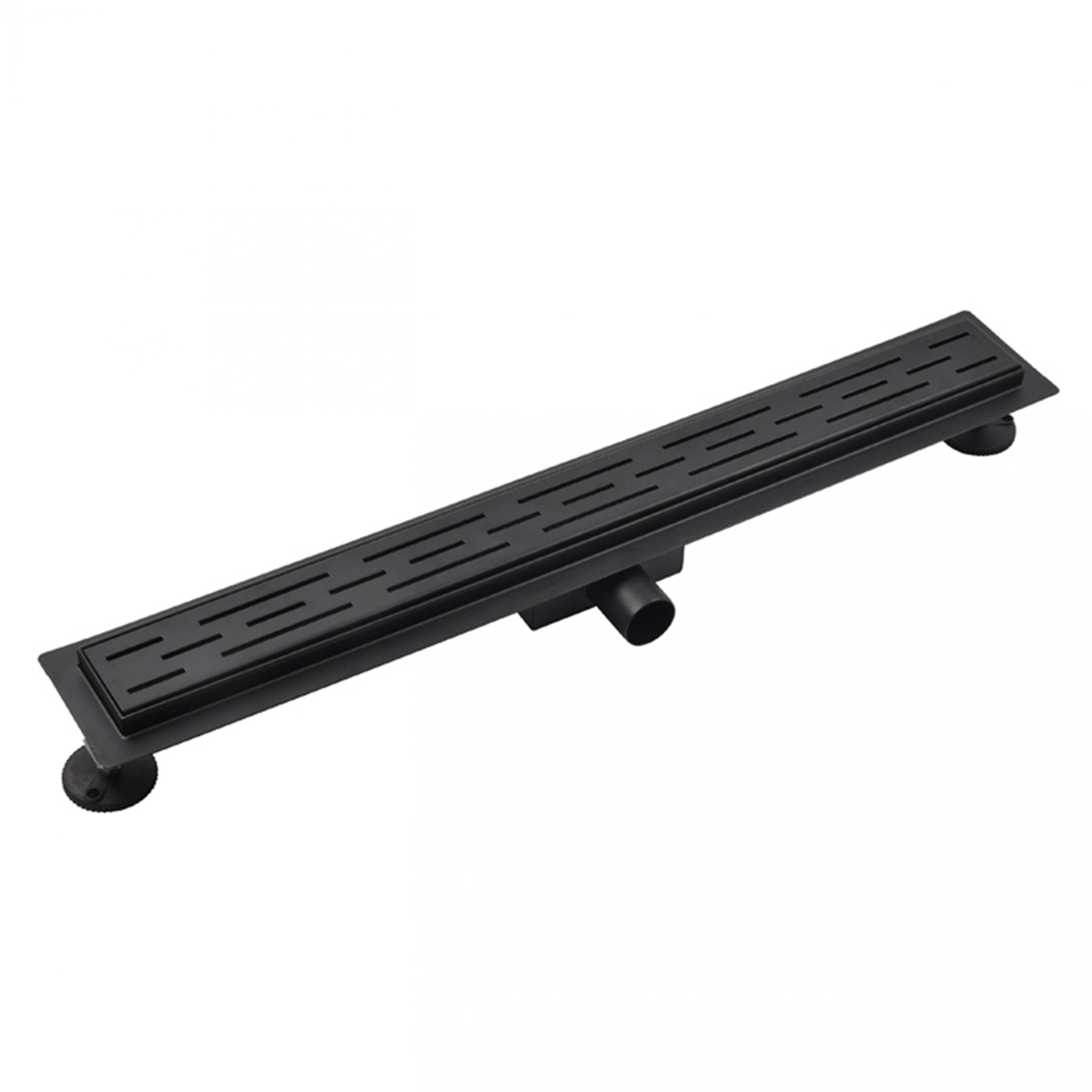 Zwarte langwerpige douchegoot met sleufrooster en verstelbare poten, ontworpen voor moderne inloopdouches.