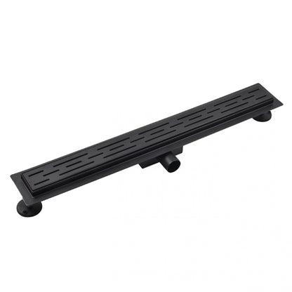 Zwarte langwerpige douchegoot met sleufrooster en verstelbare poten, ontworpen voor moderne inloopdouches.