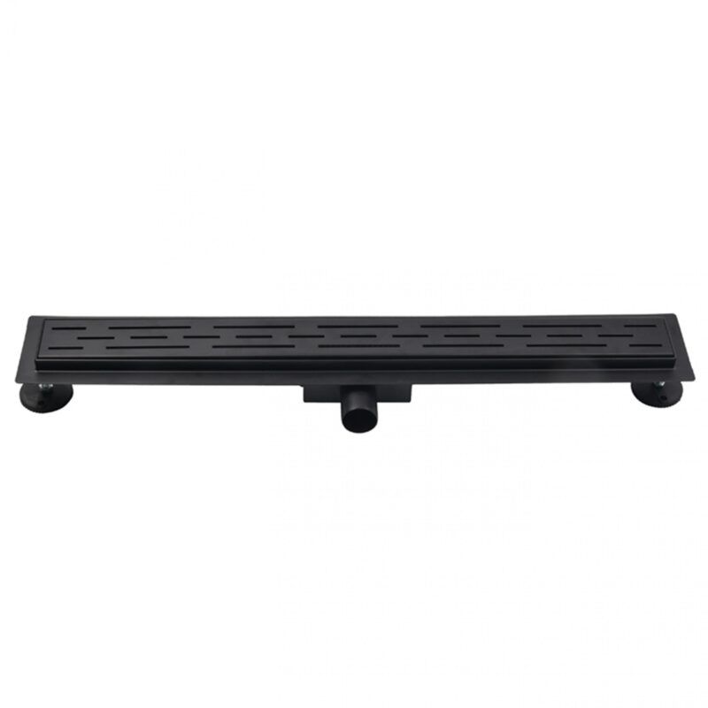 Zwarte douchegoot met sleufrooster en centrale afvoer, geschikt voor inbouw in moderne douchevloeren.