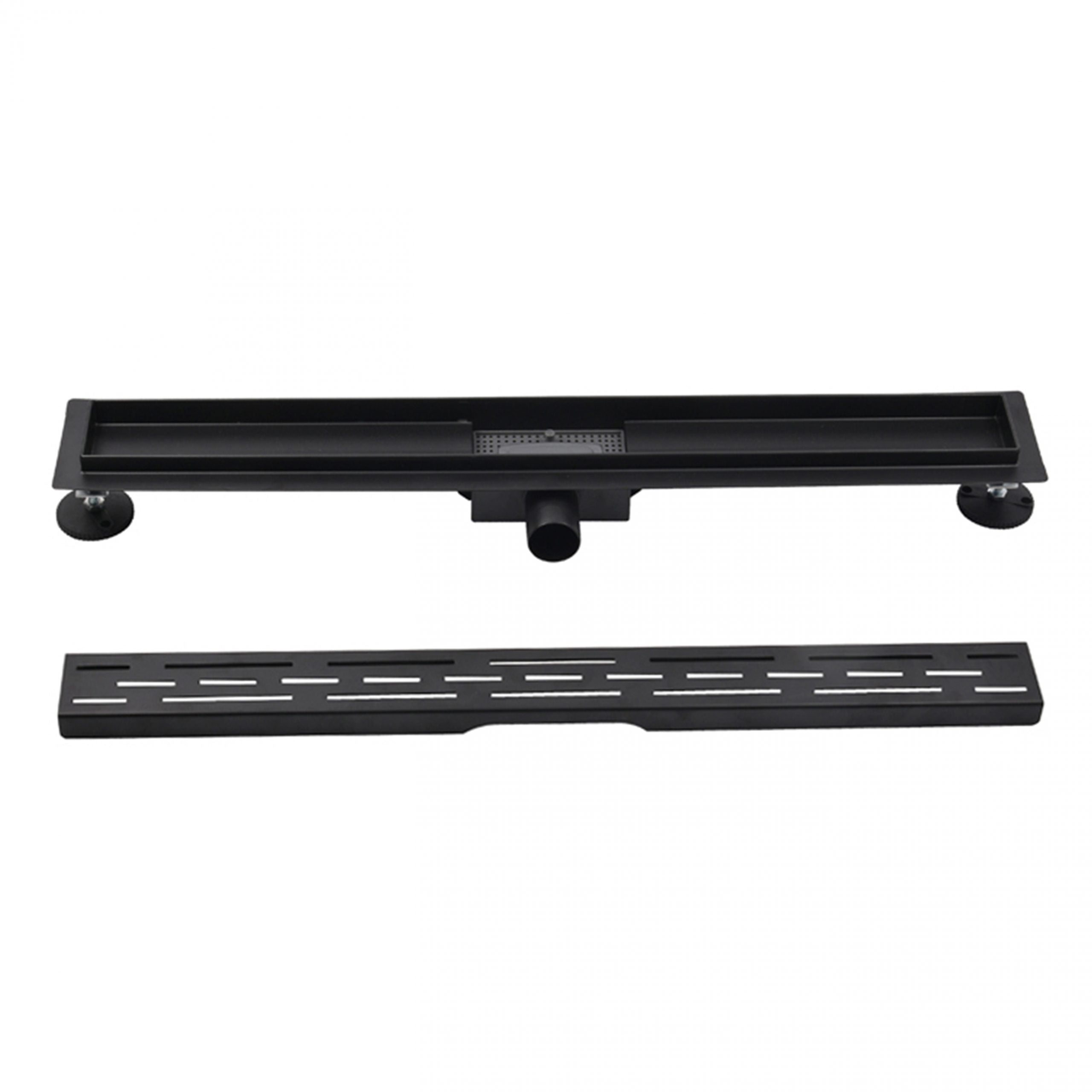 Zwarte douchegoot met afneembare sleufroosterafdekking en verstelbare poten voor waterafvoer in de douchevloer.