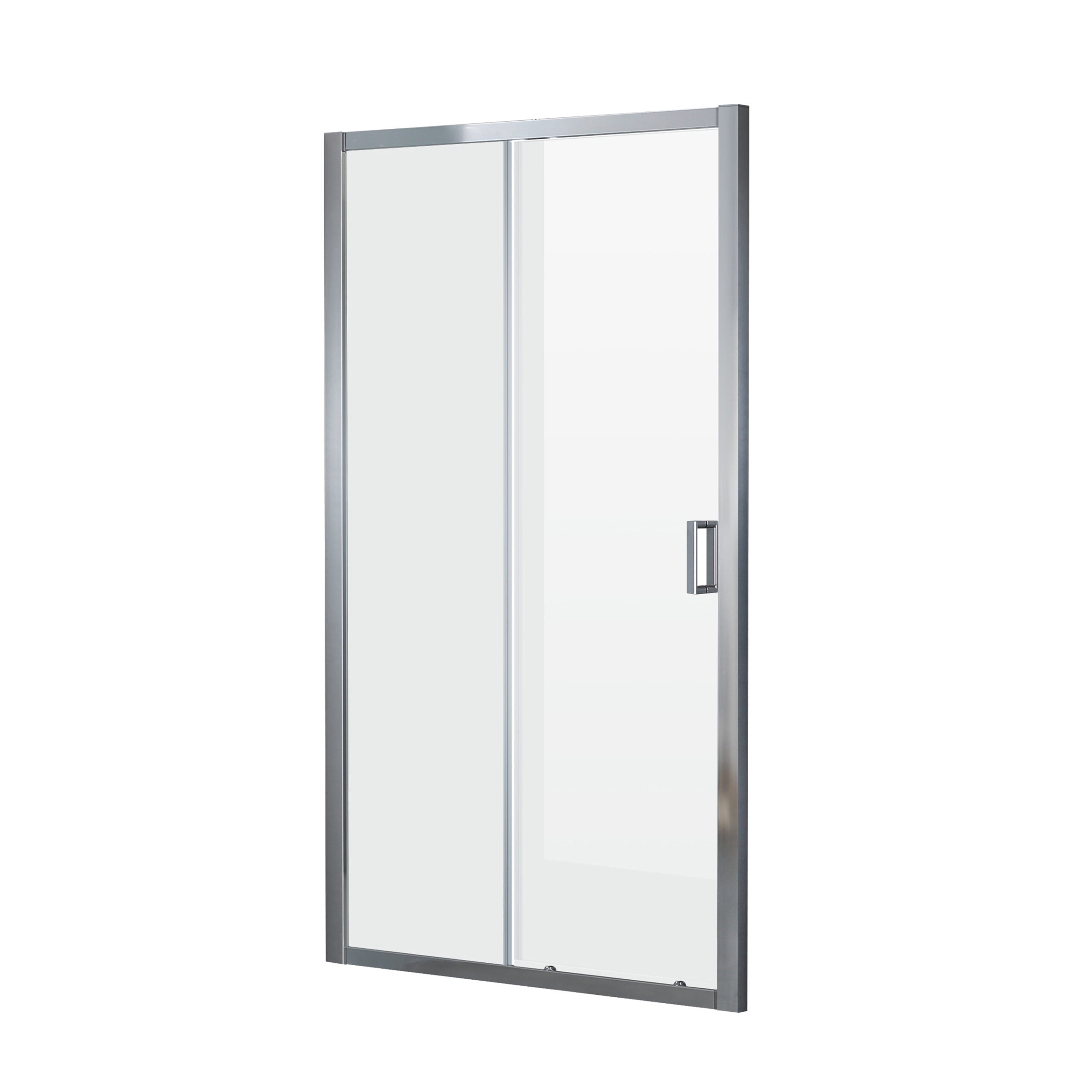 Transparante douchedeur met aluminium frame en handgreep, geschikt voor inloopdouche of nisinstallatie.