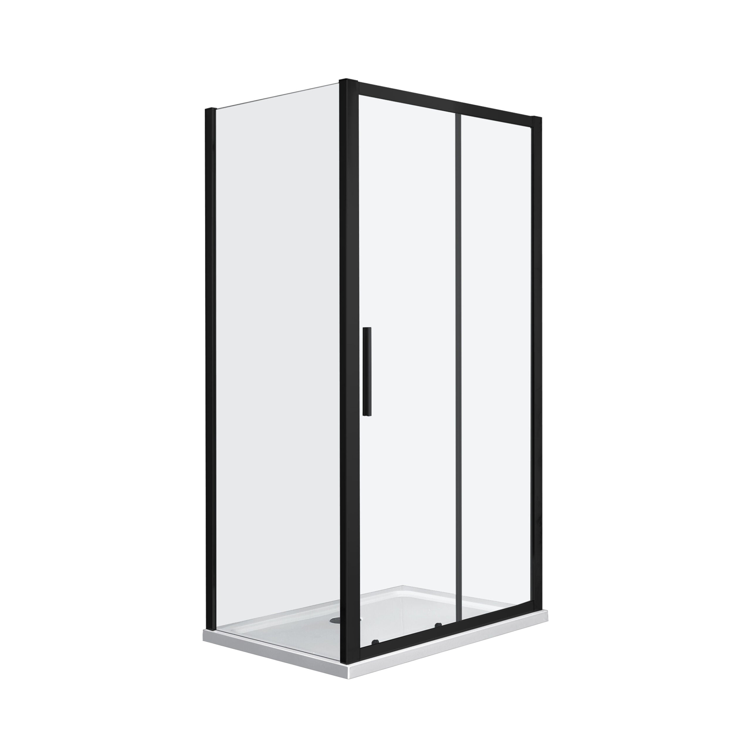 Rechthoekige douchecabine met zwart frame en schuifdeur van helder glas voor een strakke moderne badkamerstijl.