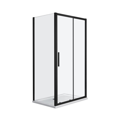 Rechthoekige douchecabine met zwart frame en schuifdeur van helder glas voor een strakke moderne badkamerstijl.