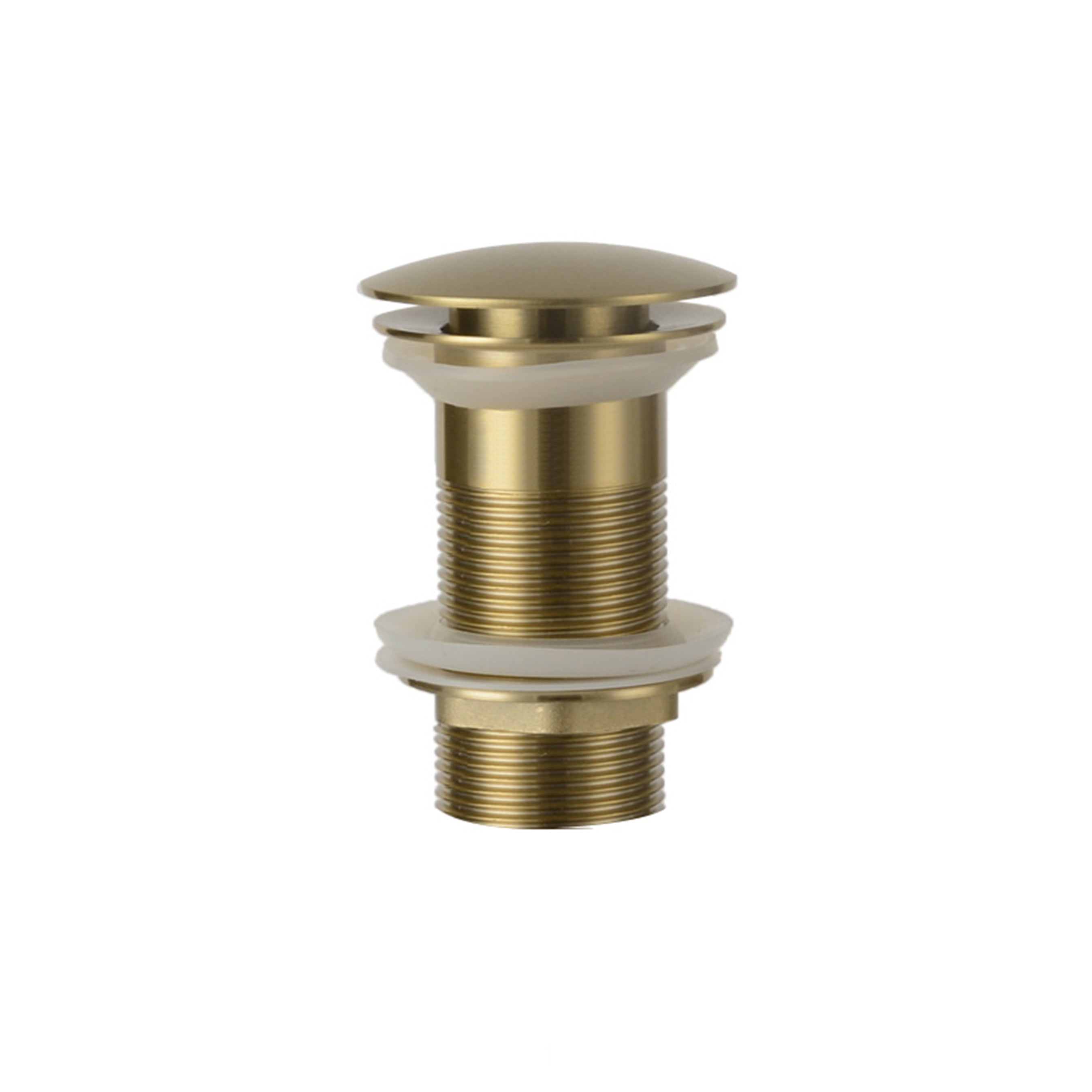 Gouden clickwaste afvoerplug met schroefdraad en afdichtring, geschikt voor wastafels en fonteinen.