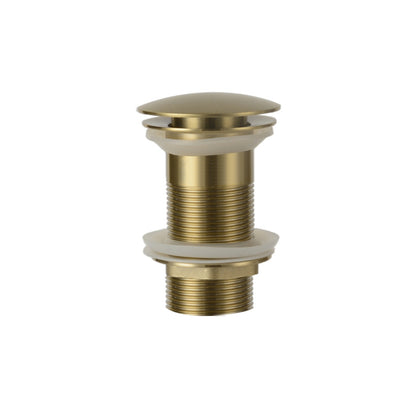 Gouden clickwaste afvoerplug met schroefdraad en afdichtring, geschikt voor wastafels en fonteinen.