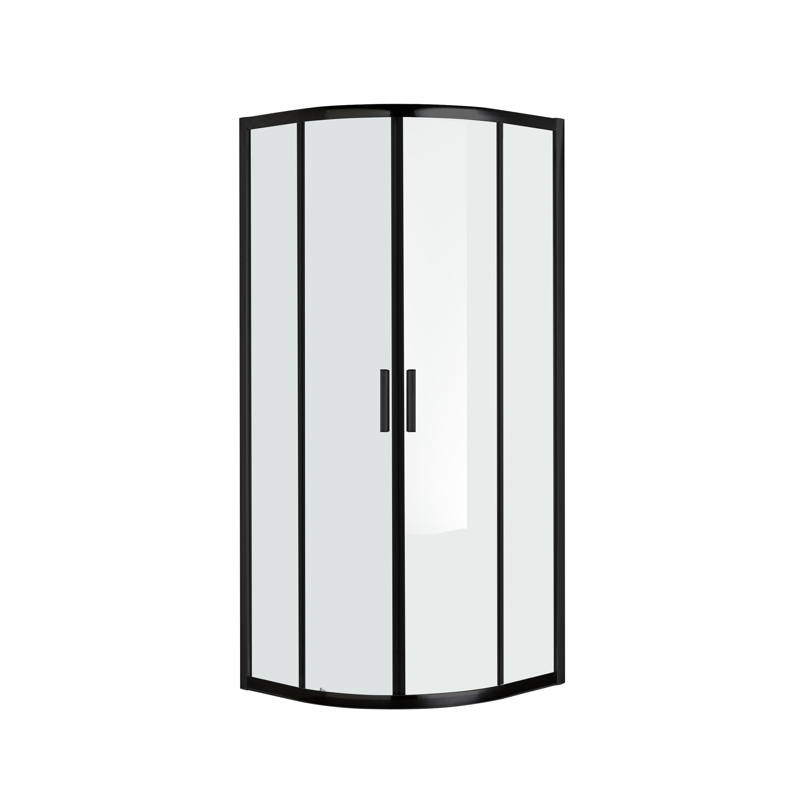 Kwartronde douchecabine met zwart frame en dubbele glazen deuren, ideaal voor compacte badkamers.