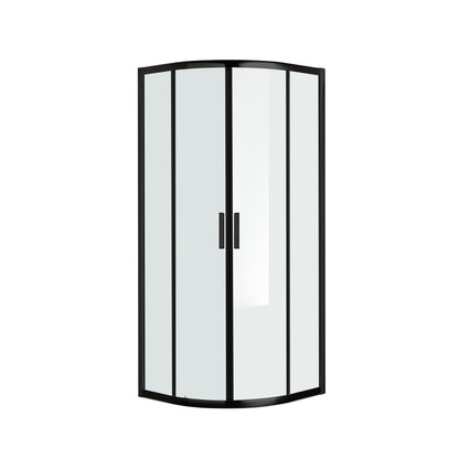 Kwartronde douchecabine met zwart frame en dubbele glazen deuren, ideaal voor compacte badkamers.