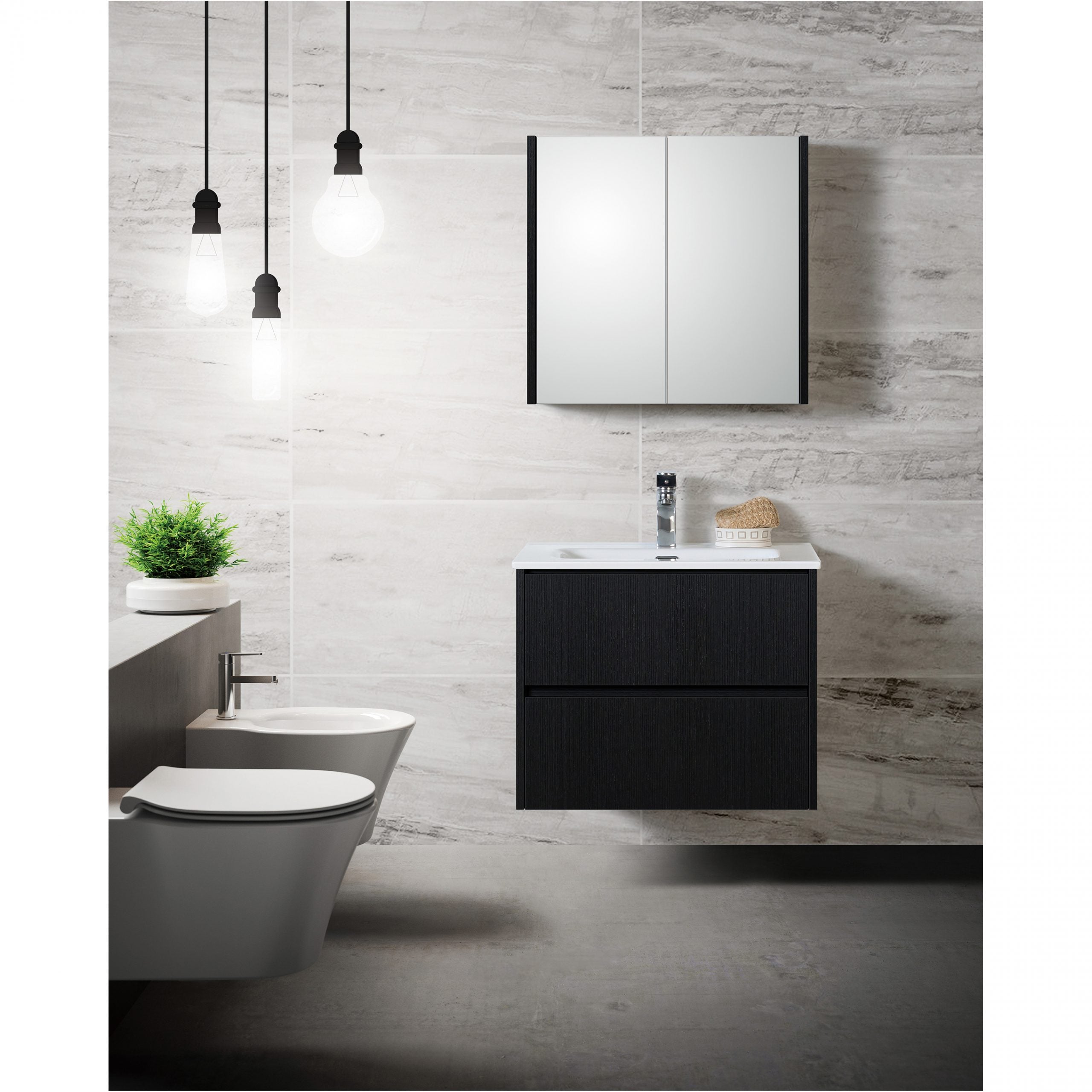 Zwevend zwart badkamermeubel met enkele wastafel en spiegelkast tegen een lichtgrijze marmeren wand, met hangtoilet.