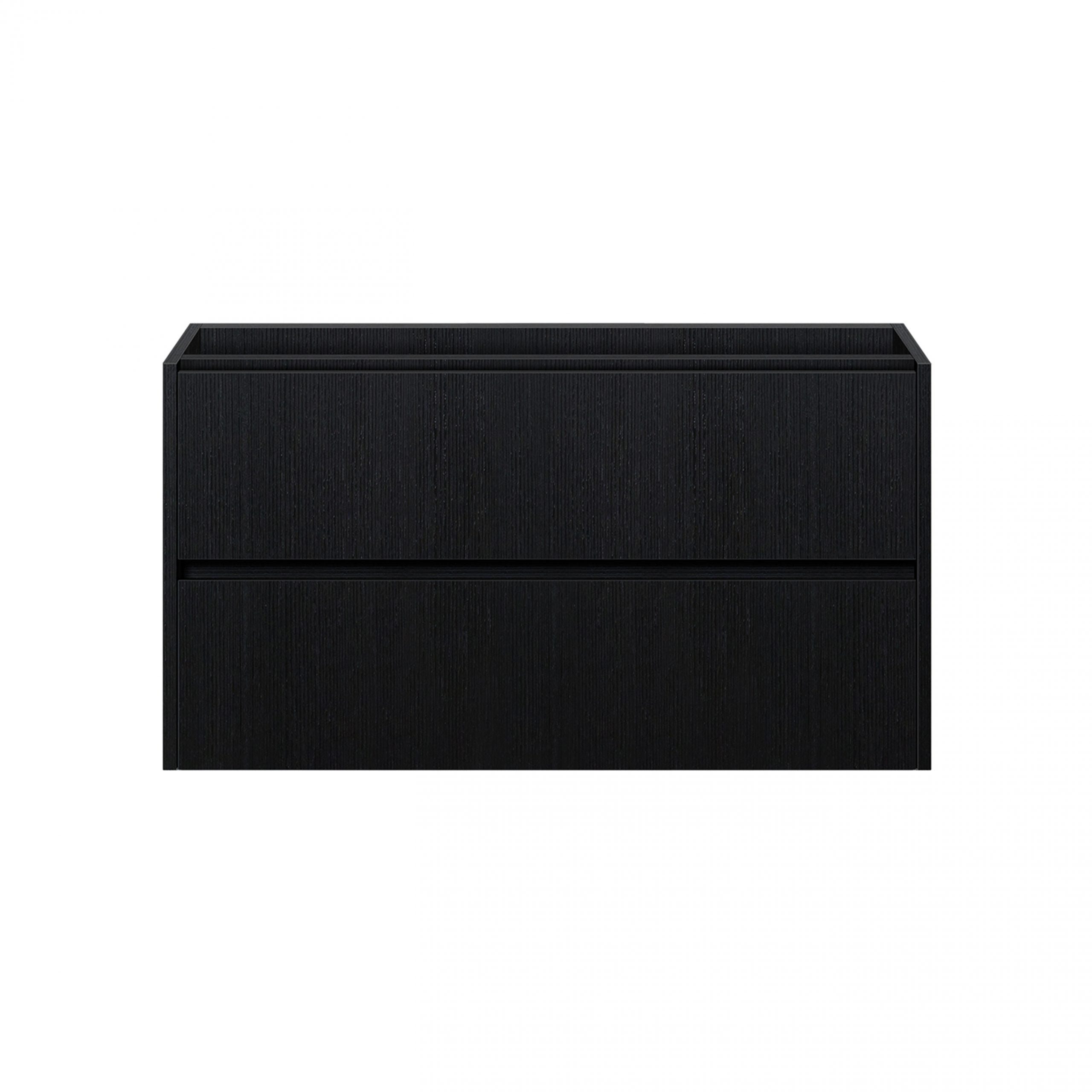 zwart houtlook badkamermeubel met twee greeploze lades, geschikt voor dubbele wastafel.