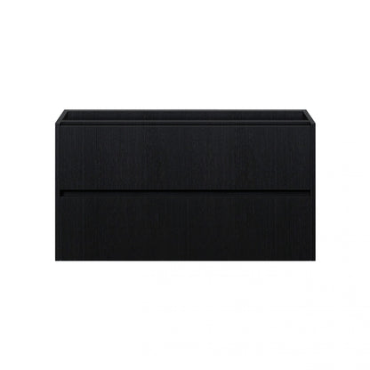 zwart houtlook badkamermeubel met twee greeploze lades, geschikt voor dubbele wastafel.