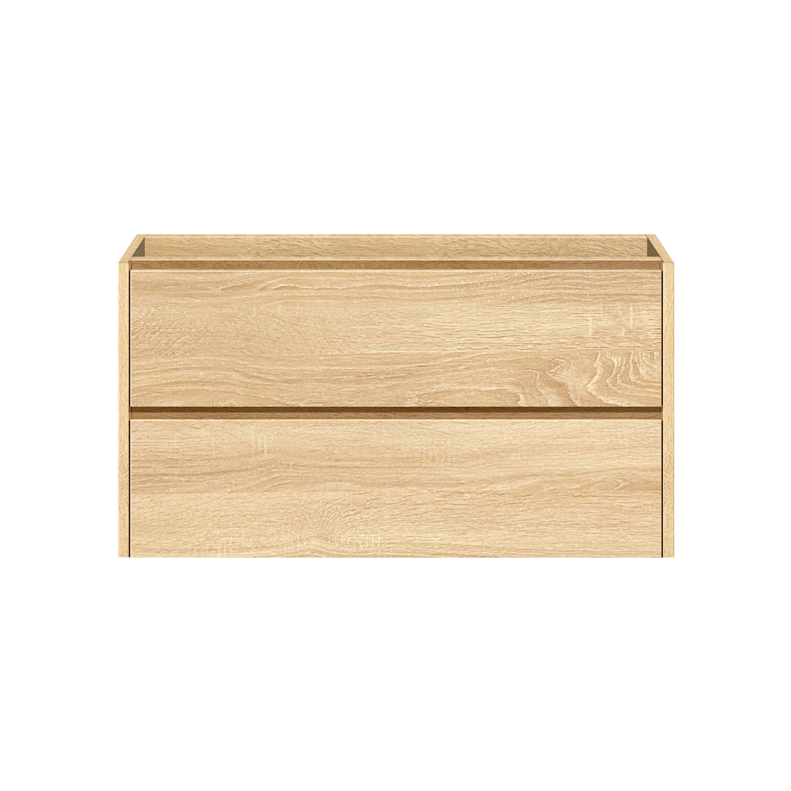 licht houtlook badkamermeubel met twee greeploze lades, geschikt voor dubbele wastafel.