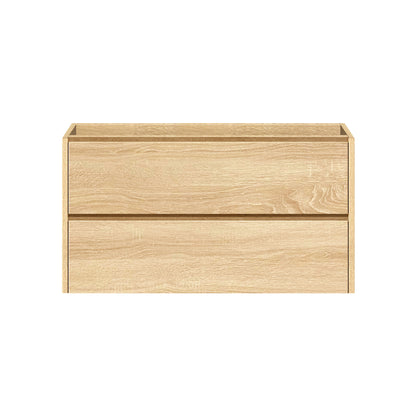 licht houtlook badkamermeubel met twee greeploze lades, geschikt voor dubbele wastafel.