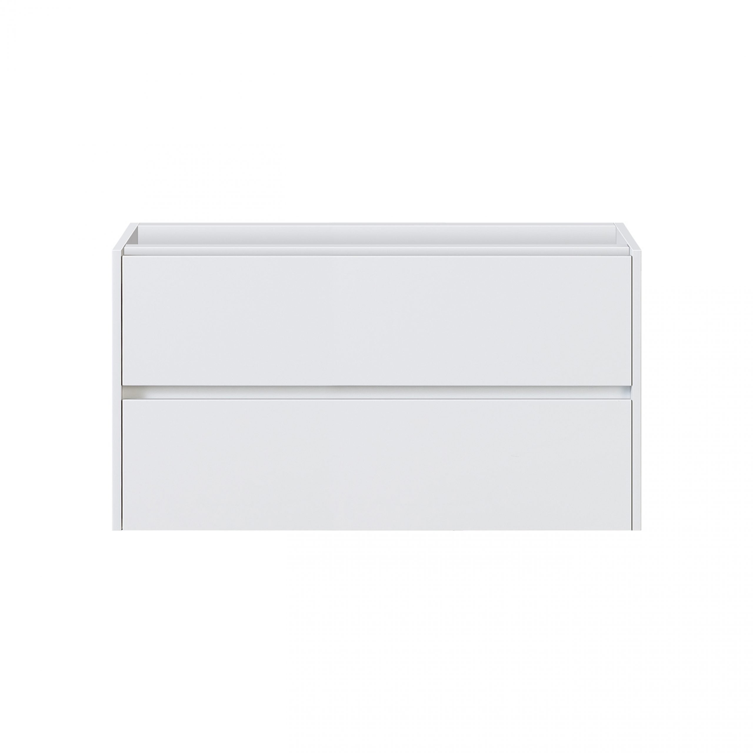 wit badkamermeubel met twee greeploze lades, geschikt voor dubbele wastafel.