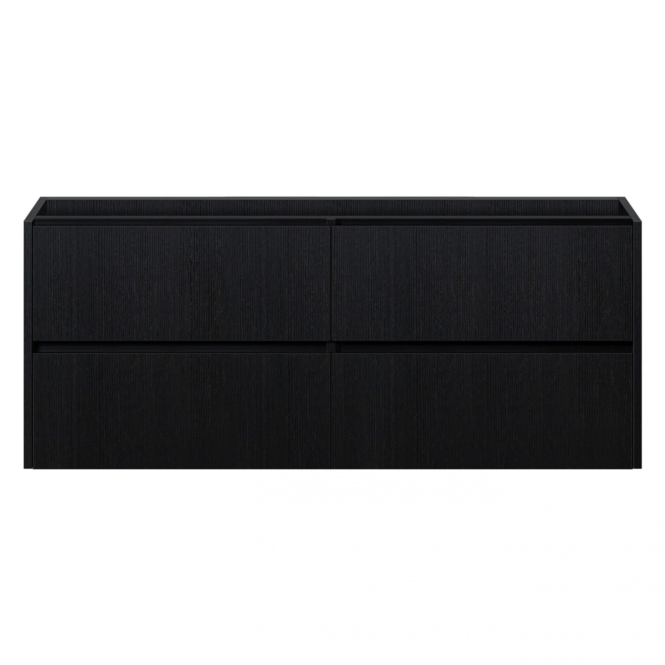 donker zwart houtlook badkamermeubel met vier greeploze lades, geschikt voor dubbele wastafel.