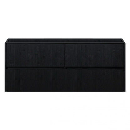 donker zwart houtlook badkamermeubel met vier greeploze lades, geschikt voor dubbele wastafel.