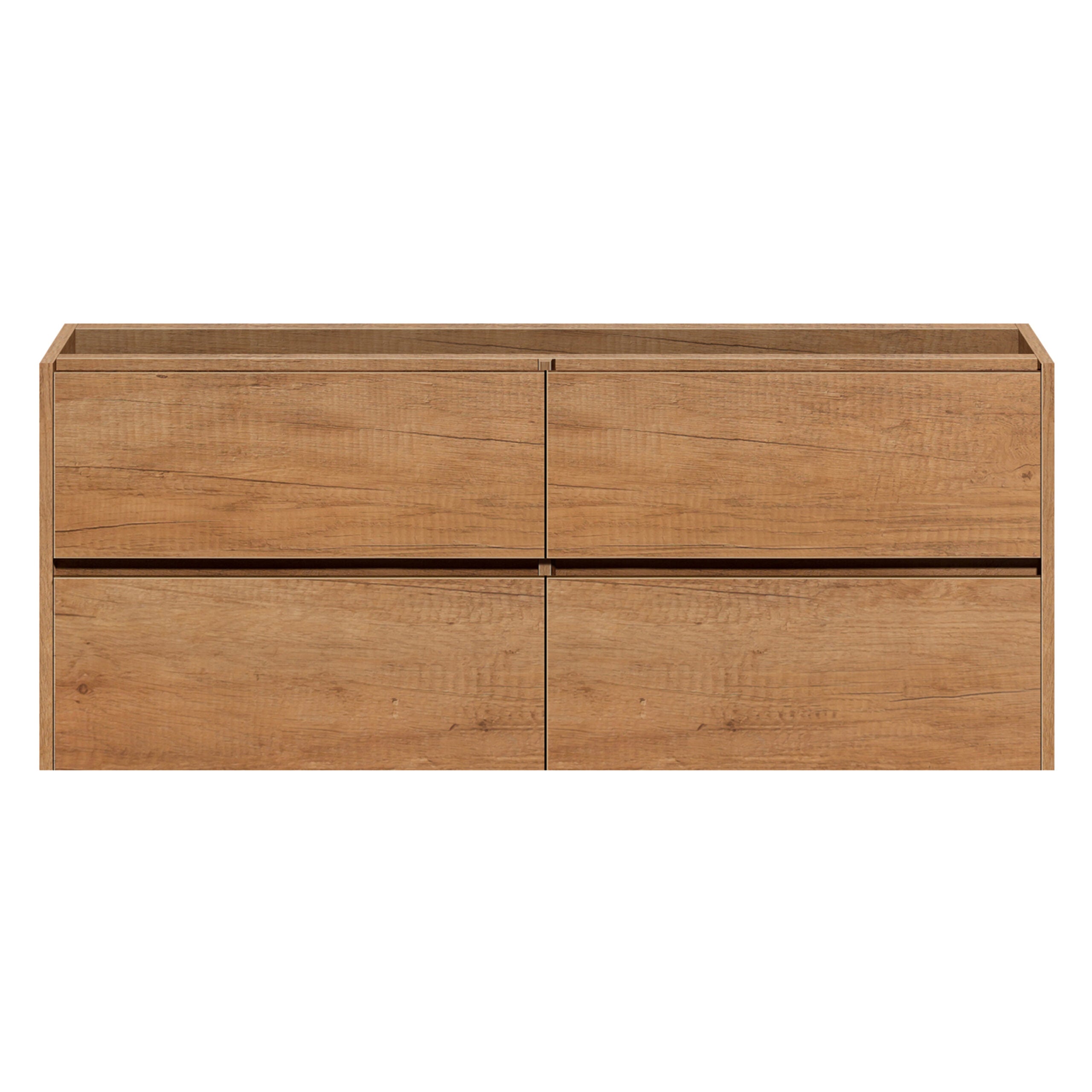 warm houtlook badkamermeubel met vier greeploze lades, geschikt voor dubbele wastafel.